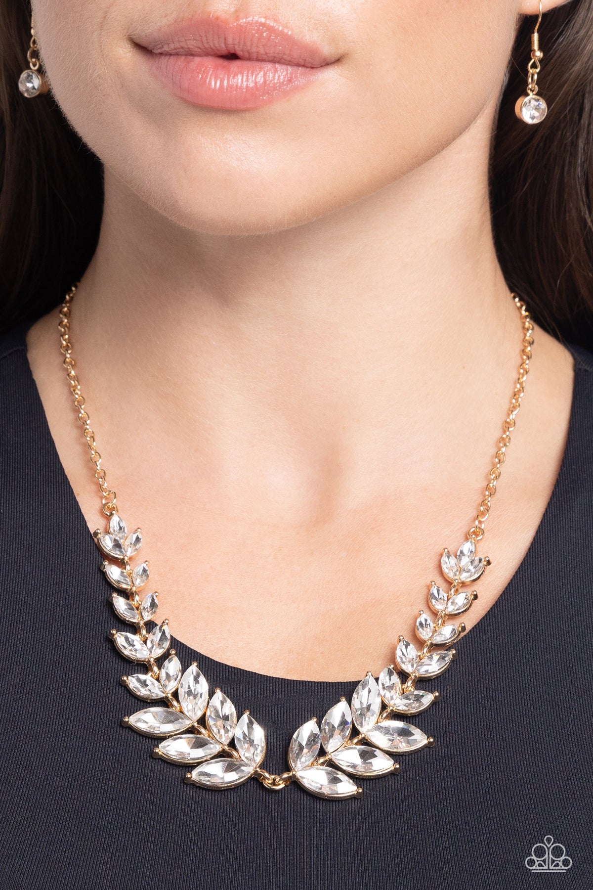 Luxury Laurels Gold &amp; White Rhinestone Necklace - Paparazzi Accessories-on model - CarasShop.com - $5 Jewelry by Cara Jewels