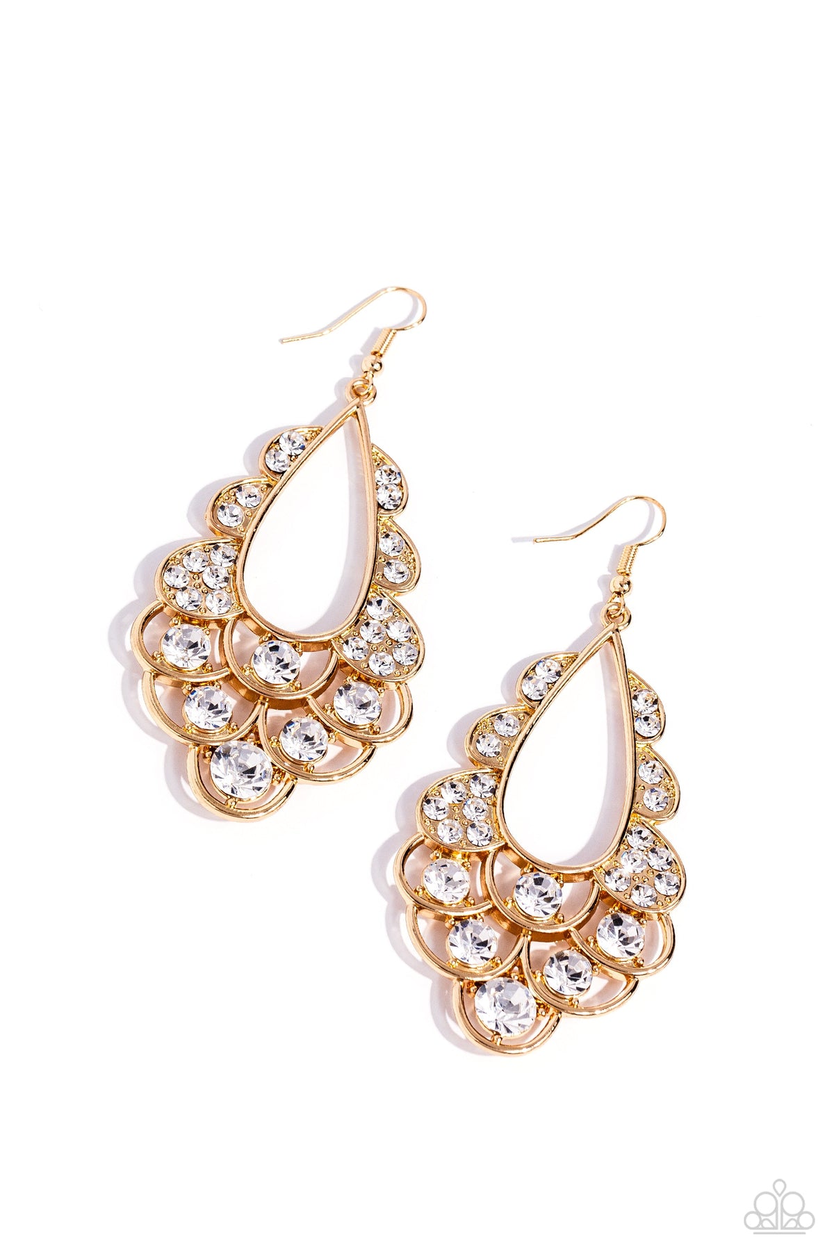 Majestic Masquerade Gold &amp; White Rhinestone Earrings - Paparazzi Accessories- lightbox - CarasShop.com - $5 Jewelry by Cara Jewels