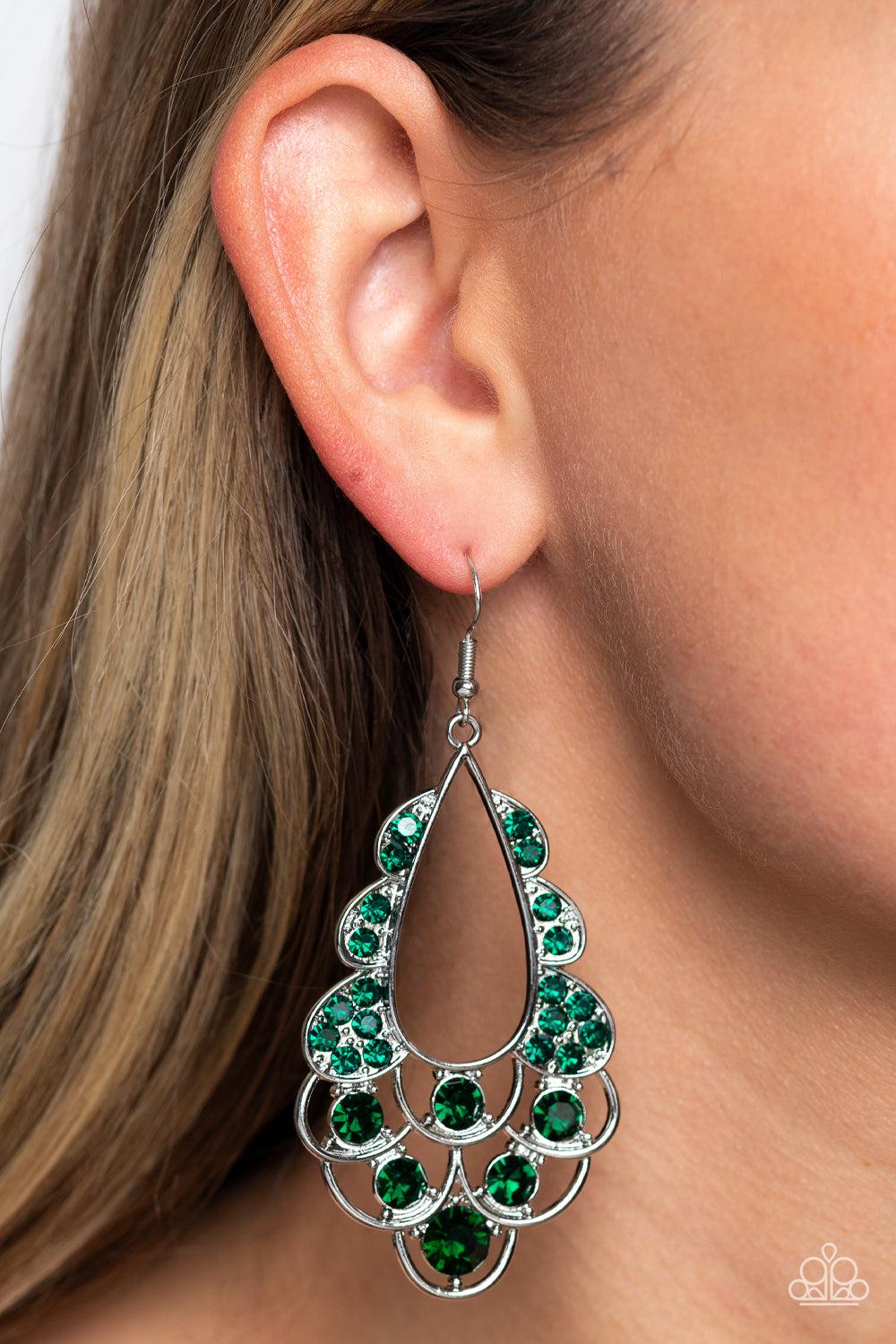 Majestic Masquerade Green Rhinestone Earrings - Paparazzi Accessories-on model - CarasShop.com - $5 Jewelry by Cara Jewels