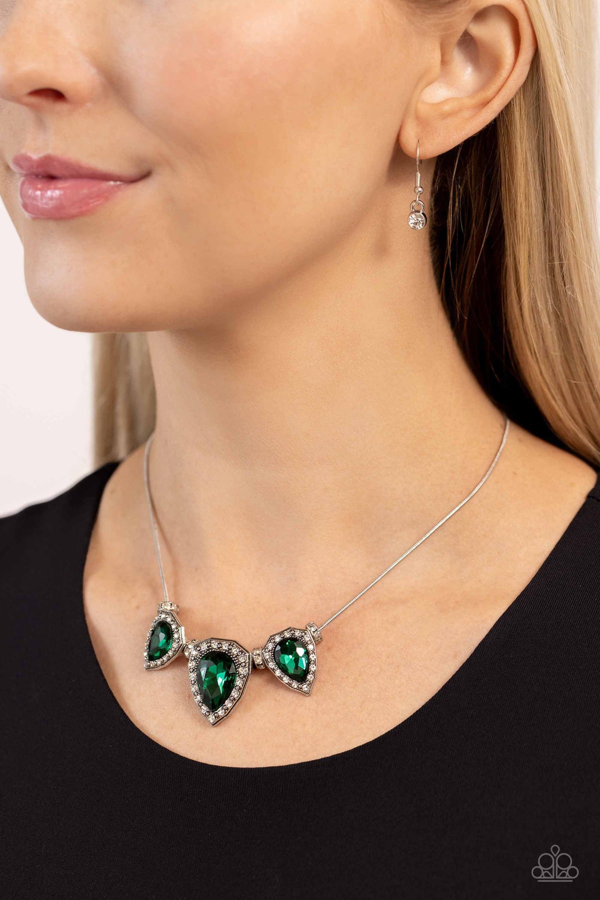 Majestic Met Ball Green Rhinestone Necklace - Paparazzi Accessories-on model - CarasShop.com - $5 Jewelry by Cara Jewels