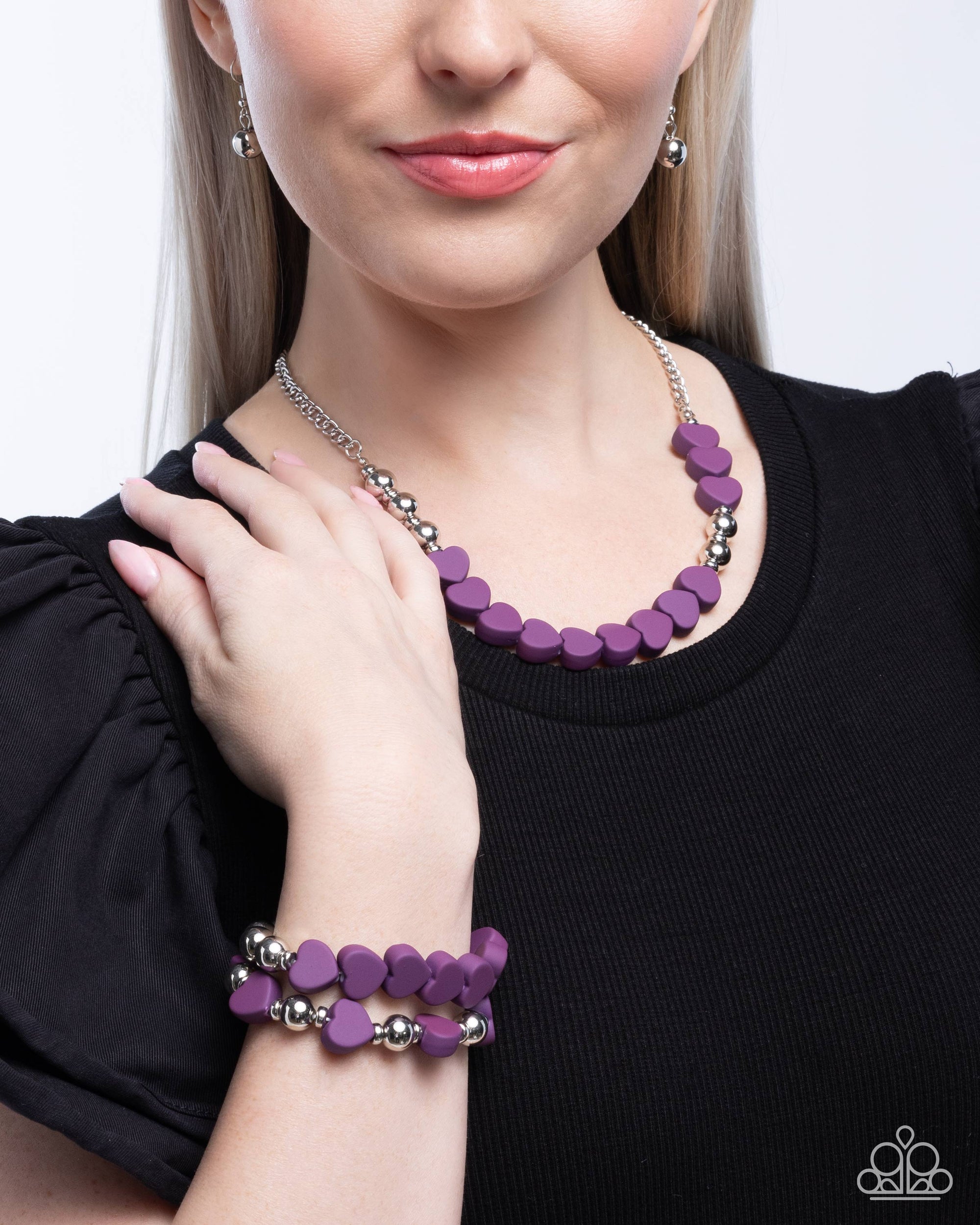 Malibu Motivation & Malibu Moxie Purple Heart Necklace & Bracelet Set - Paparazzi Accessories- lightbox - CarasShop.com - $5 Jewelry by Cara Jewels