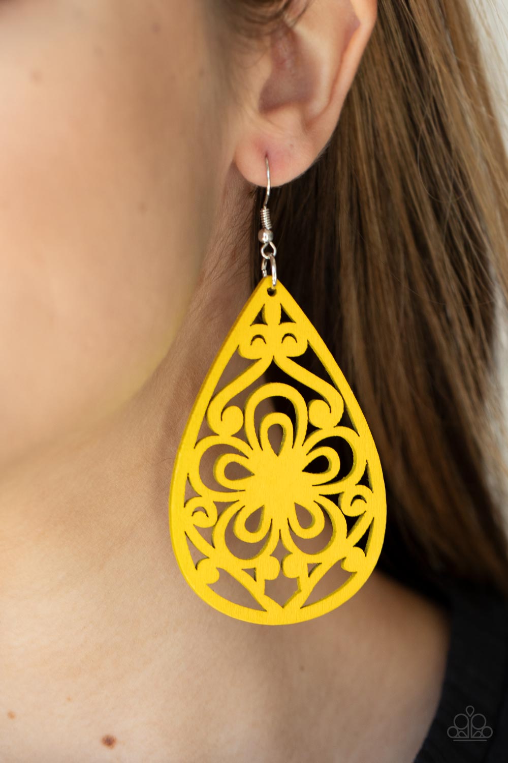 Marine Eden Yellow Wood Earrings - Paparazzi Accessories-on model - CarasShop.com - $5 Jewelry by Cara Jewels