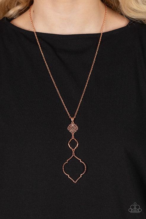 Marrakesh Mystery Copper Necklace - Paparazzi Accessories- on model - CarasShop.com - $5 Jewelry by Cara Jewels