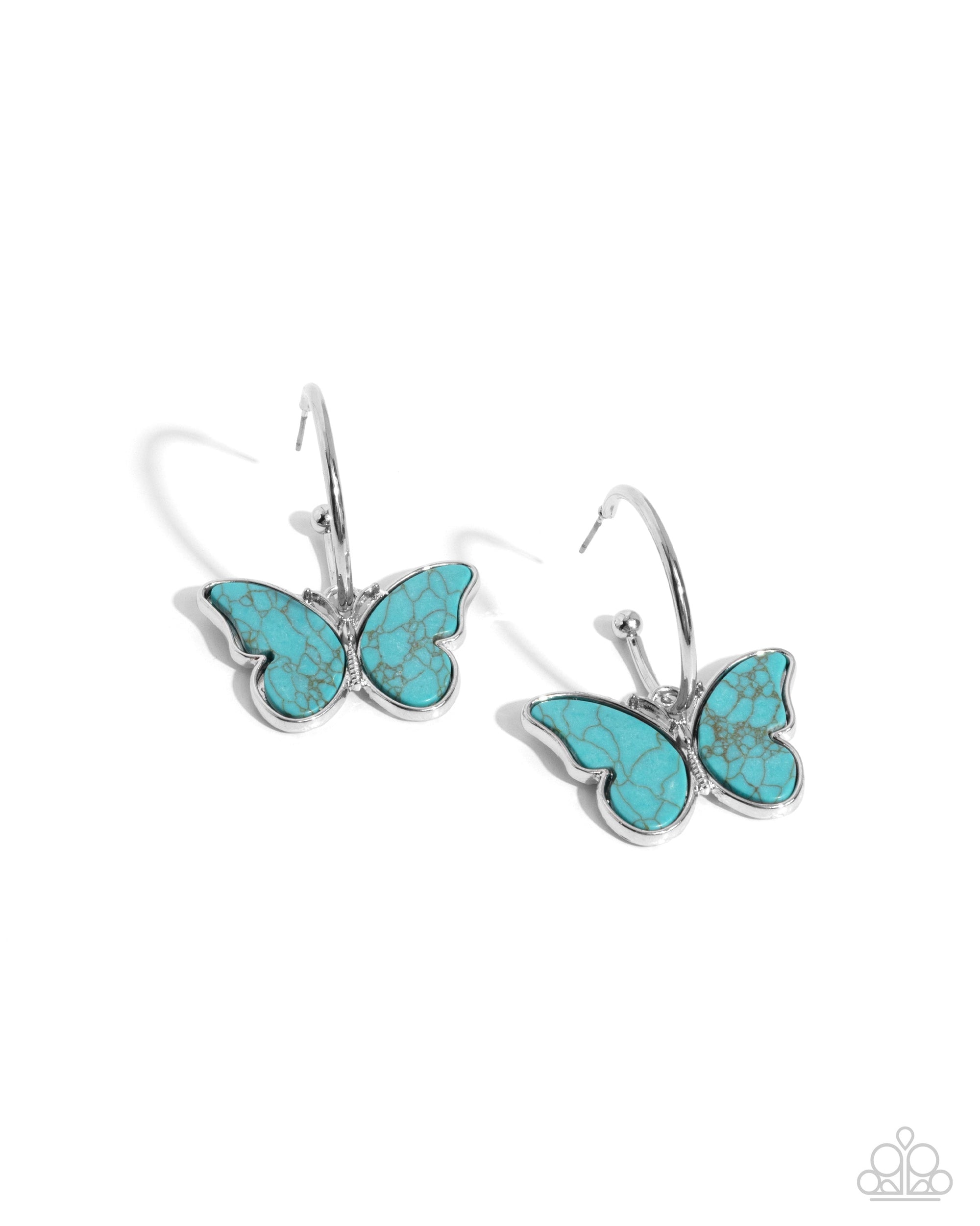 Melodic Mariposa Turquoise Blue Stone Butterfly Hoop Earrings - Paparazzi Accessories- lightbox - CarasShop.com - $5 Jewelry by Cara Jewels