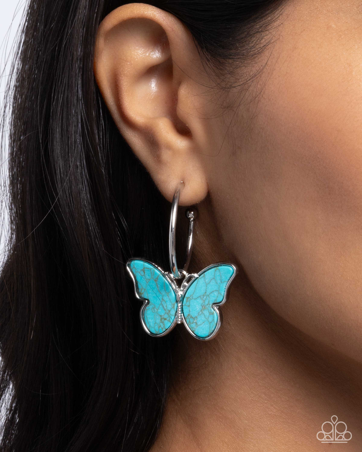 Melodic Mariposa Turquoise Blue Stone Butterfly Hoop Earrings - Paparazzi Accessories-on model - CarasShop.com - $5 Jewelry by Cara Jewels