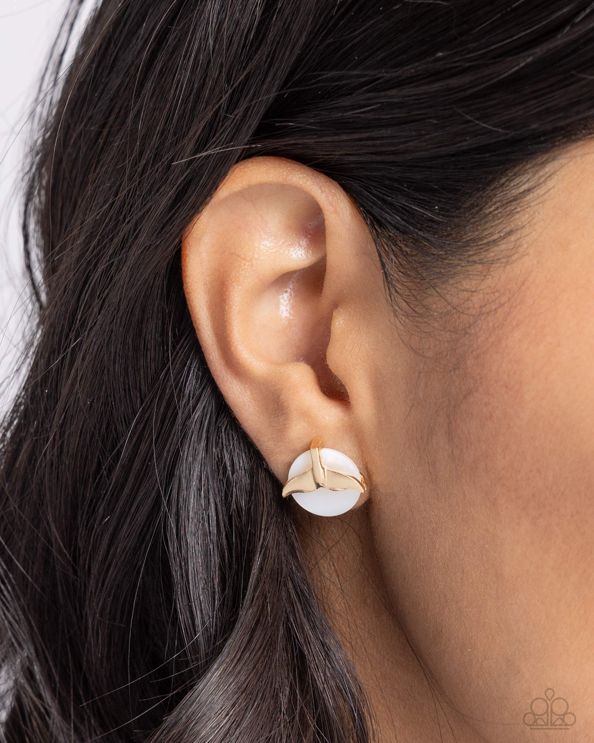 Mermaidcore Gold &amp; White Shell Post Earrings - Paparazzi Accessories-on model - CarasShop.com - $5 Jewelry by Cara Jewels