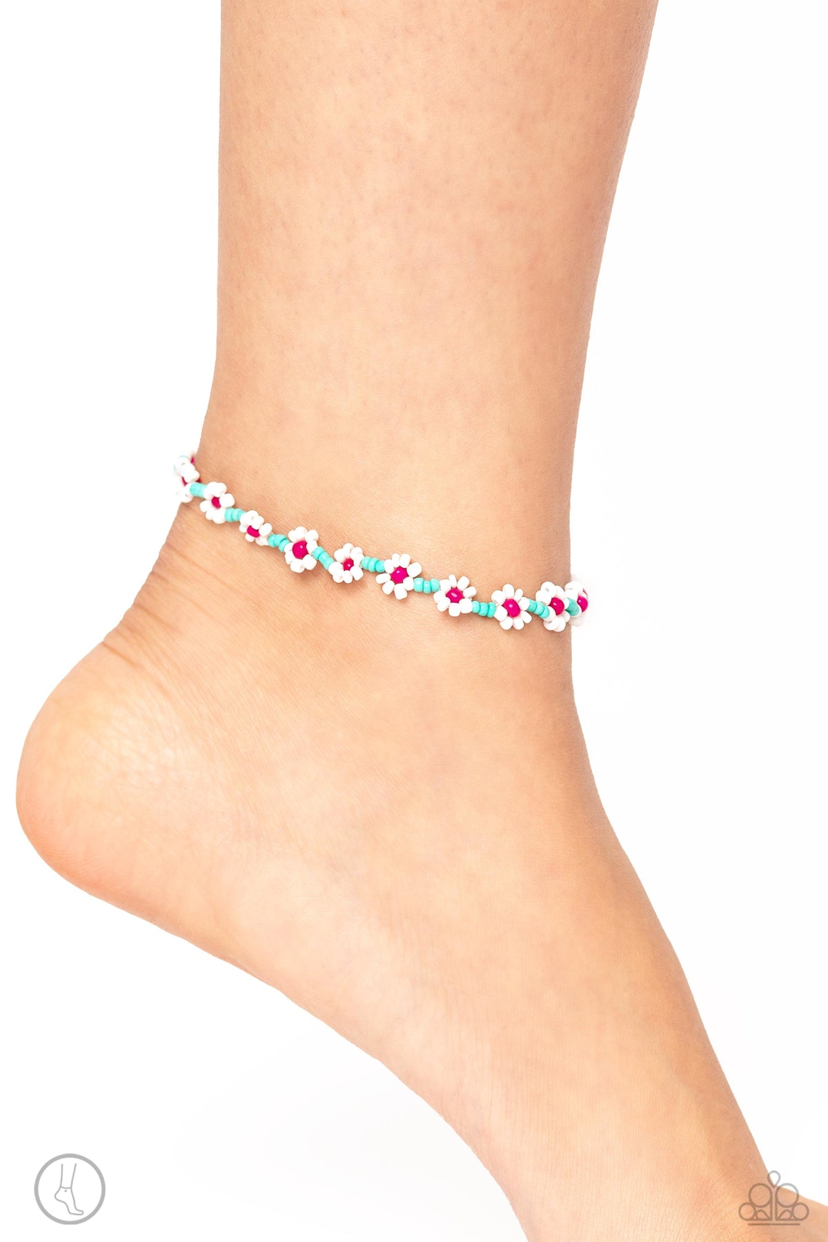 Midsummer Daisy Blue Seed Bead Flower Anklet - Paparazzi Accessories-on model - CarasShop.com - $5 Jewelry by Cara Jewels