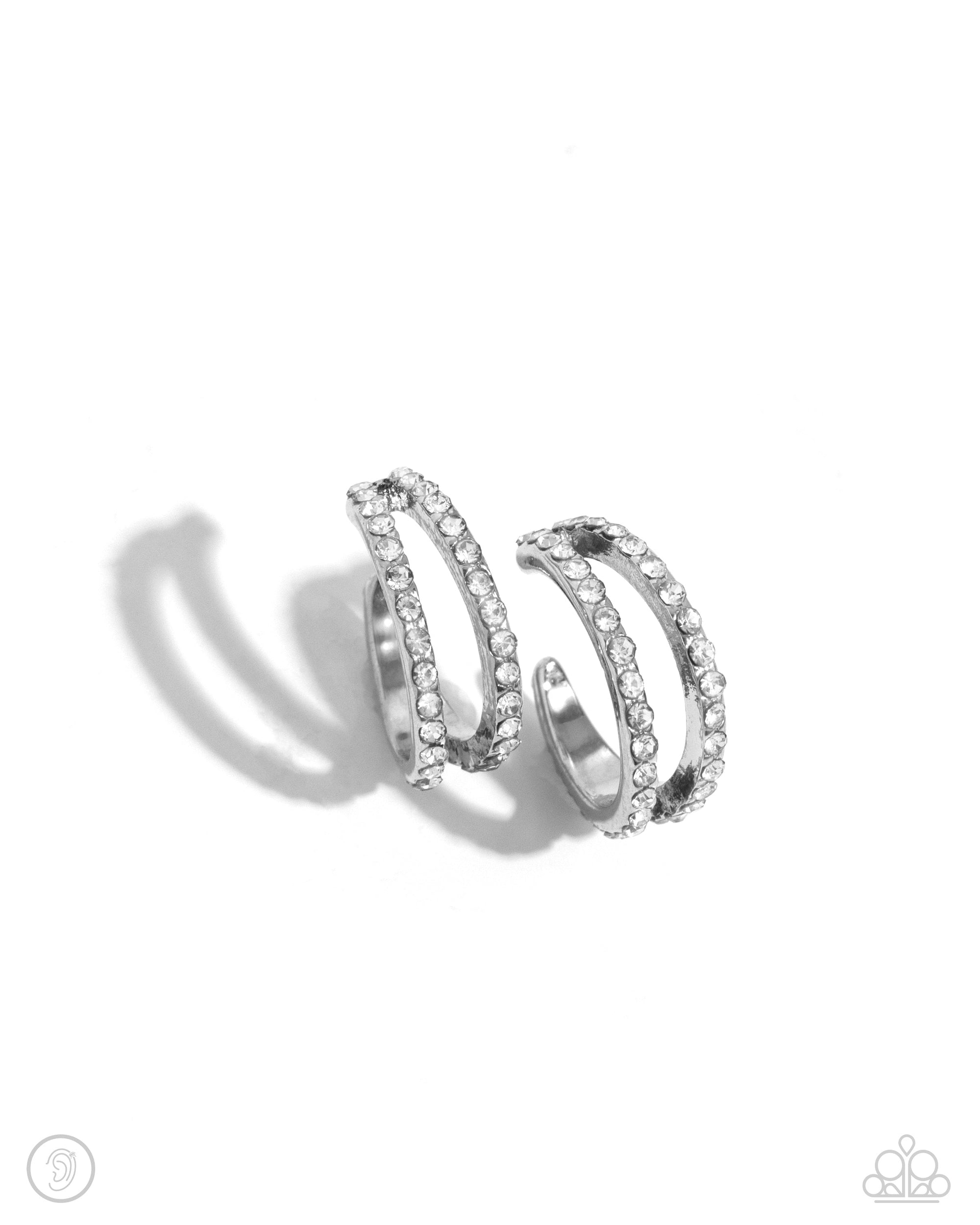 Monochromatic Mystique White Rhinestone Cuff Earring - Paparazzi Accessories- lightbox - CarasShop.com - $5 Jewelry by Cara Jewels