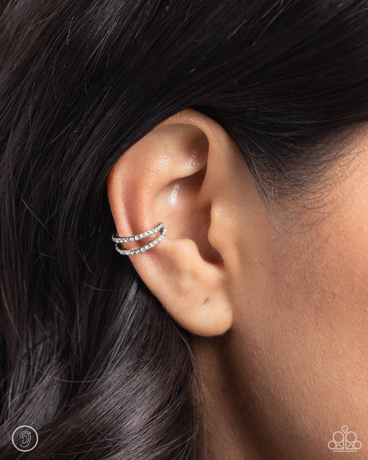 Monochromatic Mystique White Rhinestone Cuff Earring - Paparazzi Accessories-on model - CarasShop.com - $5 Jewelry by Cara Jewels