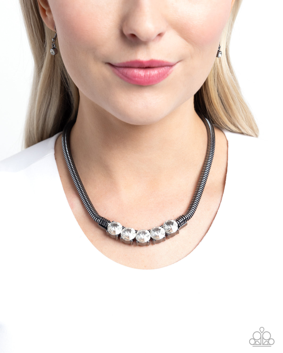 Musings Makeover Gunmetal Black &amp; White Rhinestone Necklace - Paparazzi Accessories-on model - CarasShop.com - $5 Jewelry by Cara Jewels