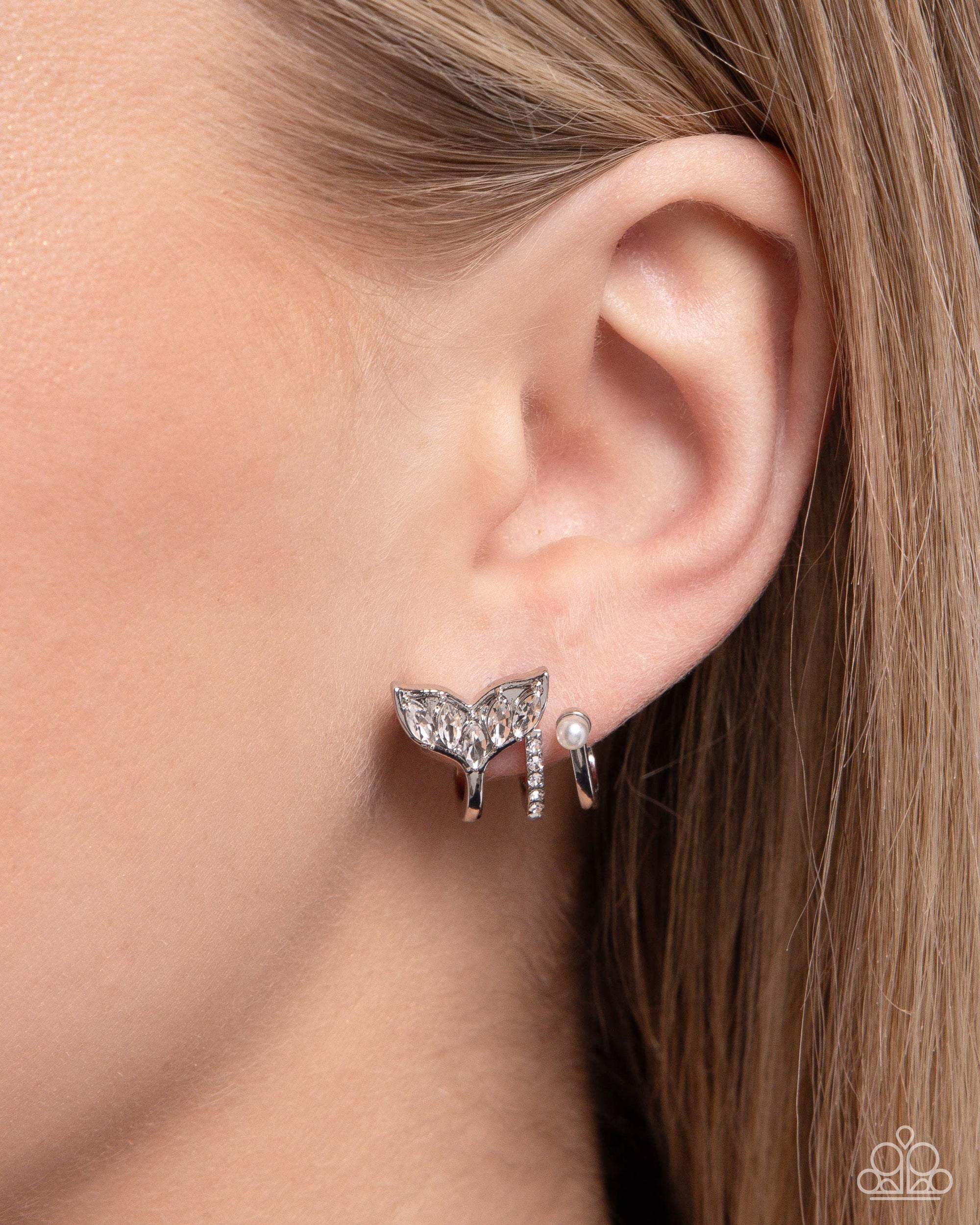 Mythical Marina White Rhinestone Mermaid Tail Hoop Earrings - Paparazzi Accessories- lightbox - CarasShop.com - $5 Jewelry by Cara Jewels