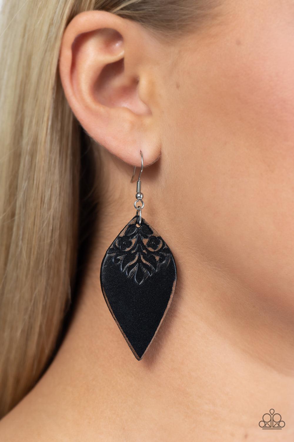 Naturally Nostalgic Black Leather Earrings - Paparazzi Accessories-on model - CarasShop.com - $5 Jewelry by Cara Jewels