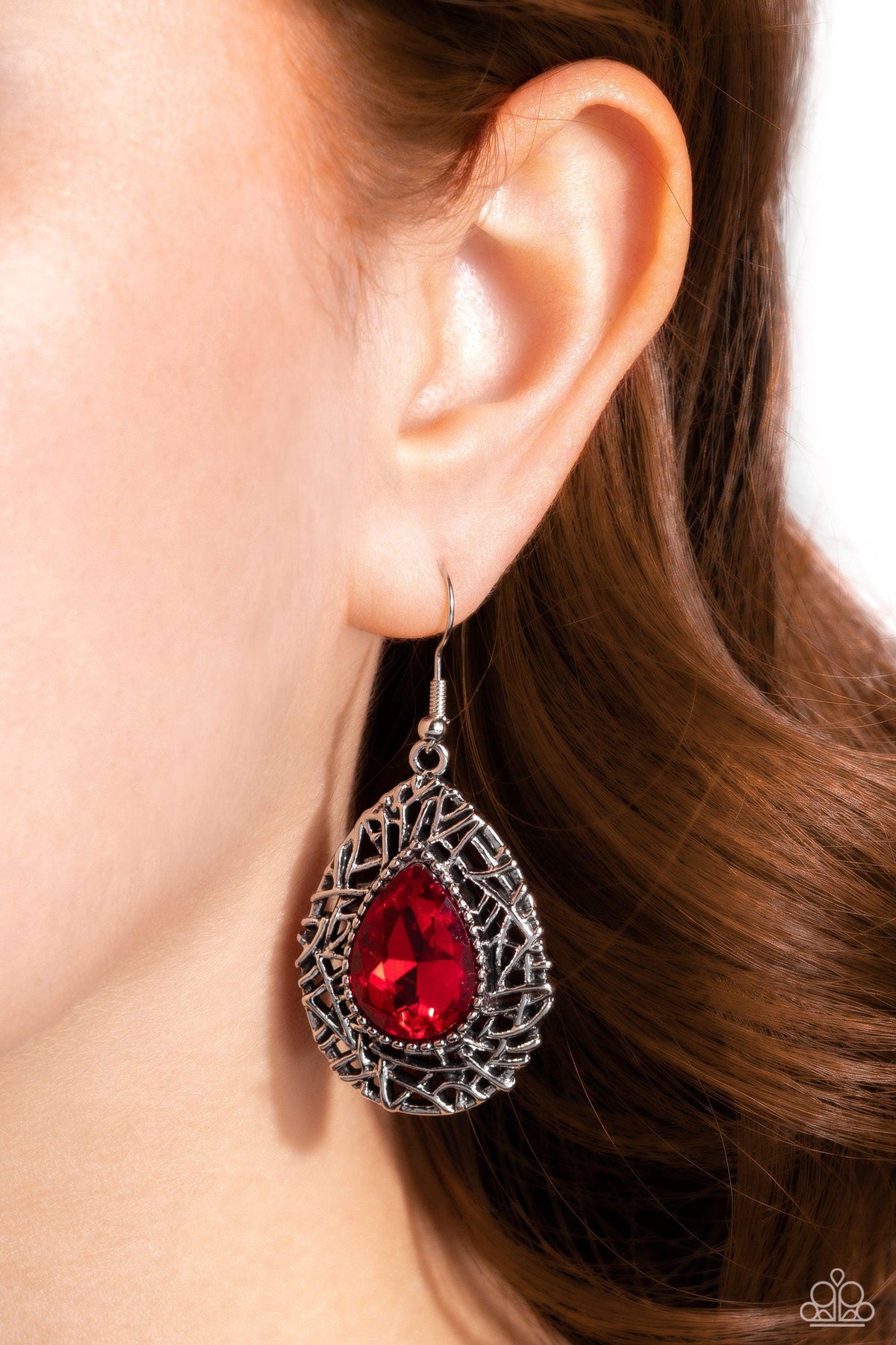 Nest Nouveau Red Rhinestone Earrings - Paparazzi Accessories-on model - CarasShop.com - $5 Jewelry by Cara Jewels