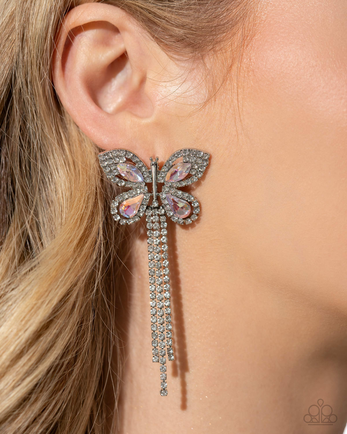 Next SOAR Pink Rhinestone Butterfly Earrings - Paparazzi Accessories-on model - CarasShop.com - $5 Jewelry by Cara Jewels