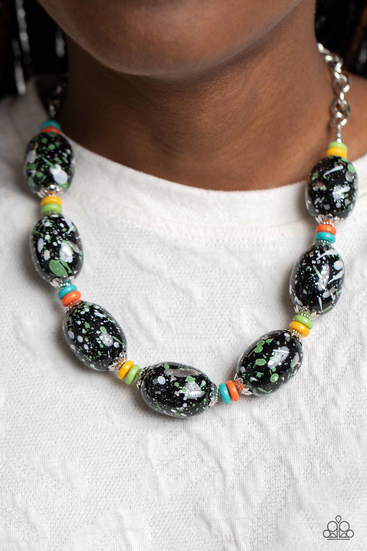 No Laughing SPLATTER Green &amp; Black Necklace - Paparazzi Accessories-on model - CarasShop.com - $5 Jewelry by Cara Jewels