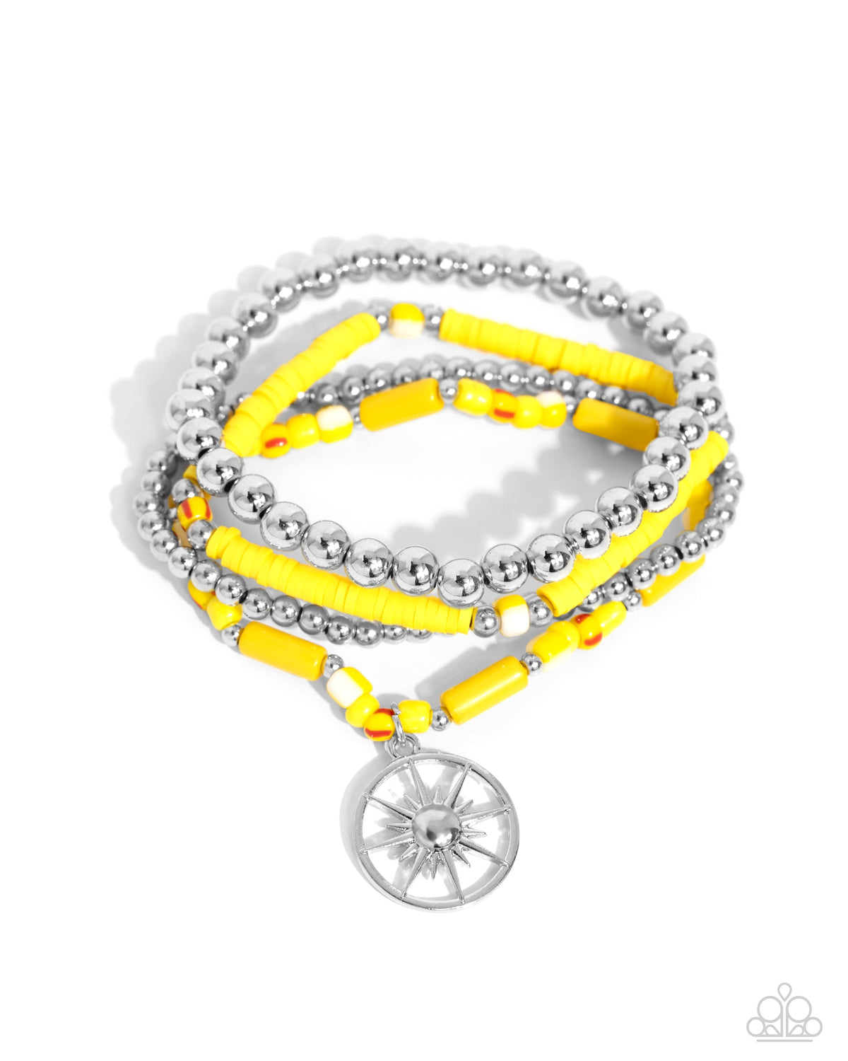 Nuanced Navigator Yellow &amp; Silver Sunburst Charm Bracelet Set - Paparazzi Accessories- lightbox - CarasShop.com - $5 Jewelry by Cara Jewels