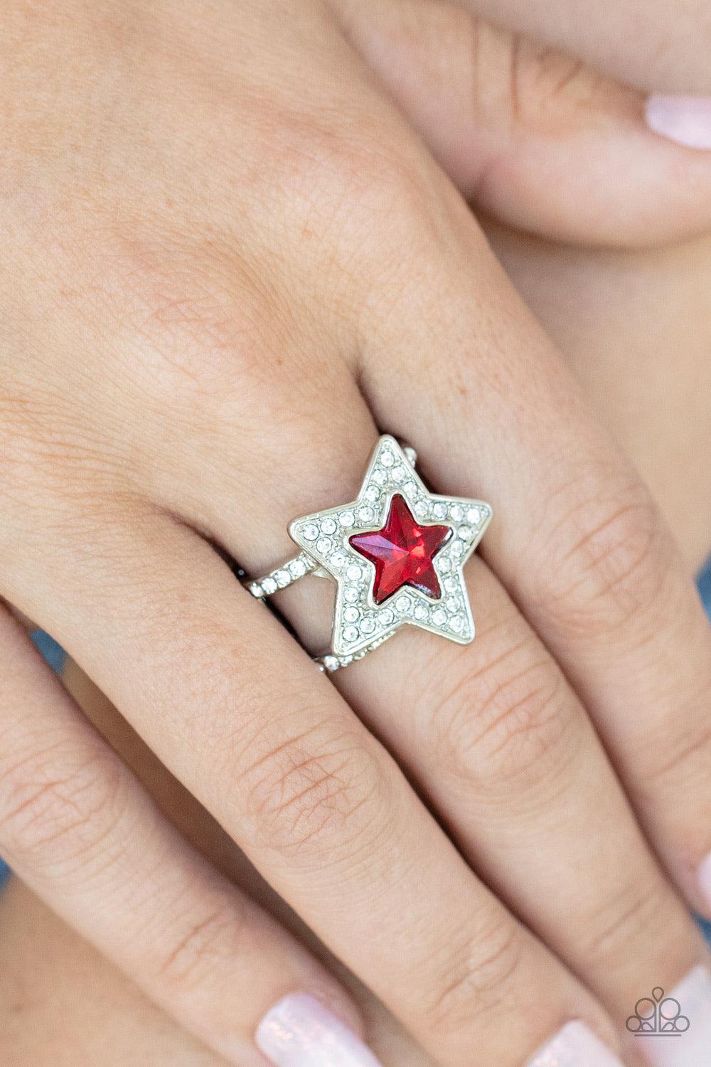 One Nation Under Sparkle Red Rhinestone Star Ring - Paparazzi Accessories-on model - CarasShop.com - $5 Jewelry by Cara Jewels