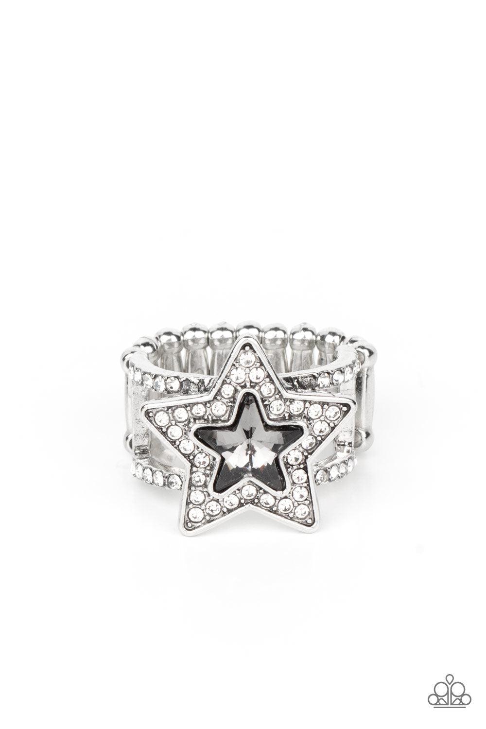 One Nation Under Sparkle Silver & White Rhinestone Star Ring - Paparazzi Accessories- lightbox - CarasShop.com - $5 Jewelry by Cara Jewels