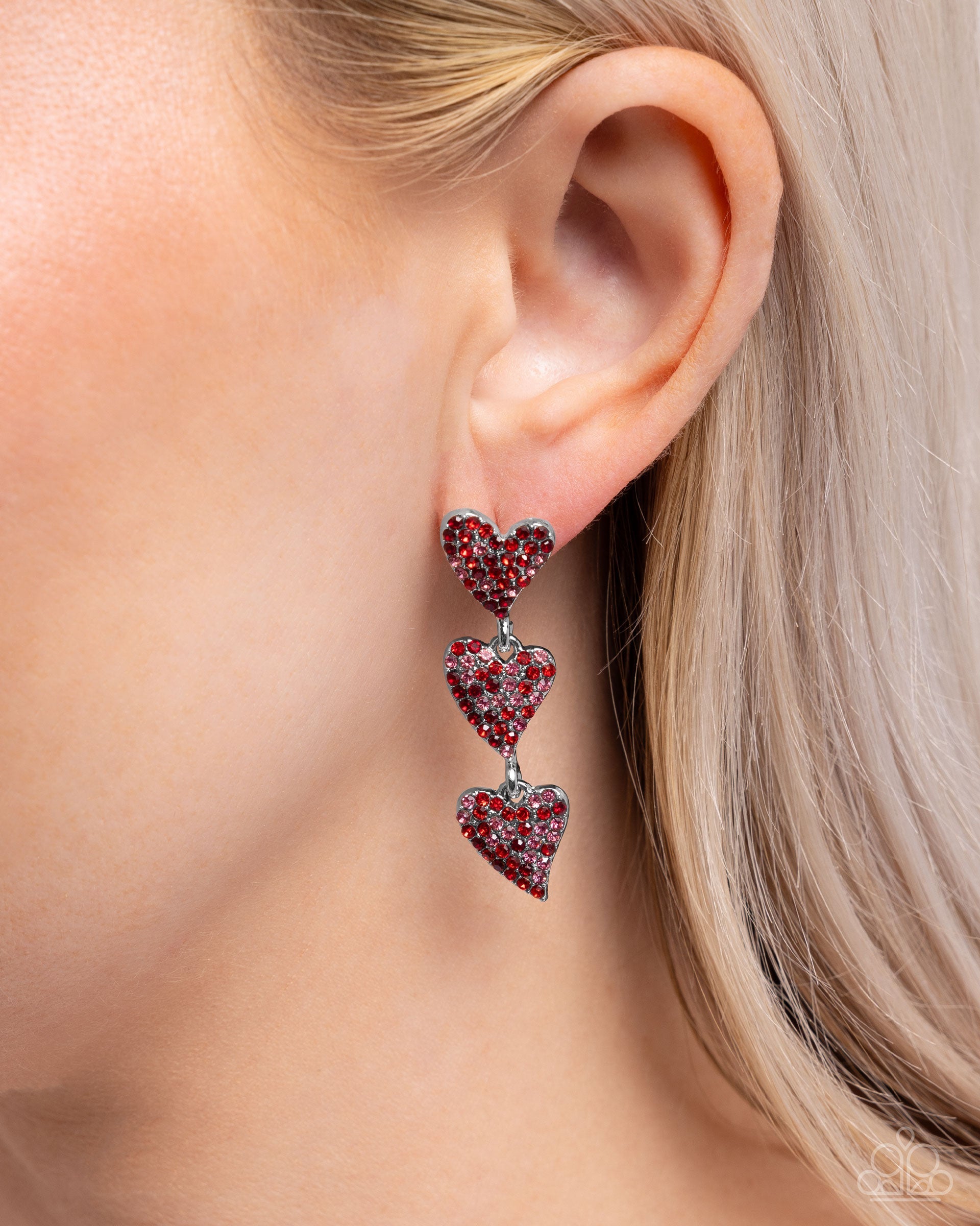 One Of The Girls Red Rhinestone Heart Post Earrings - Paparazzi Accessories- lightbox - CarasShop.com - $5 Jewelry by Cara Jewels