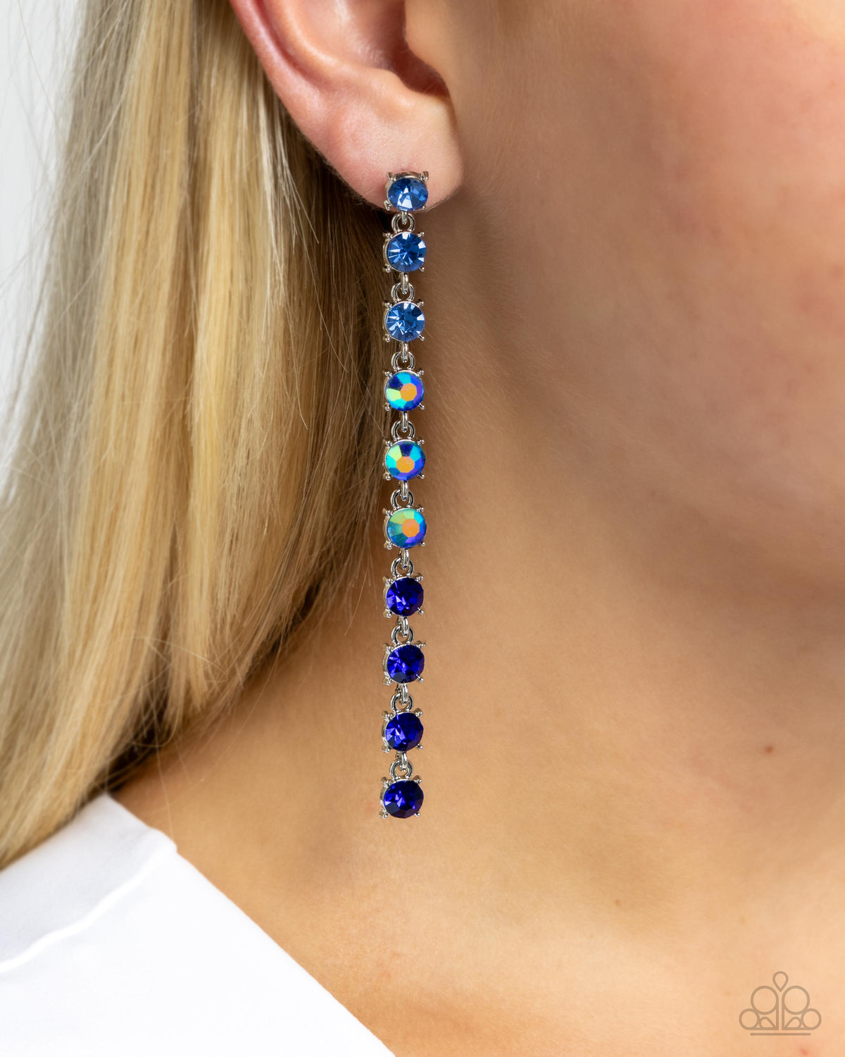 Opulent Ombre Blue Rhinestone Earrings - Paparazzi Accessories-on model - CarasShop.com - $5 Jewelry by Cara Jewels