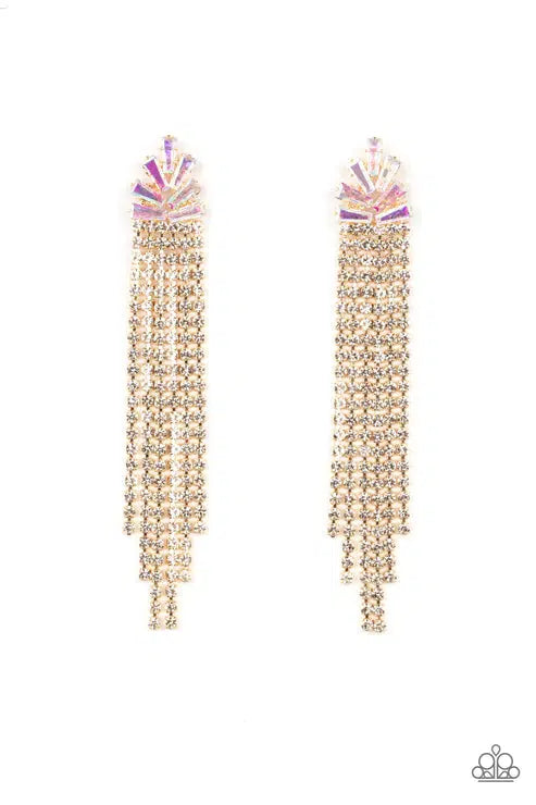 Overnight Sensation Gold &amp; Iridescent Rhinestone Earrings - Paparazzi Accessories- lightbox - CarasShop.com - $5 Jewelry by Cara Jewels