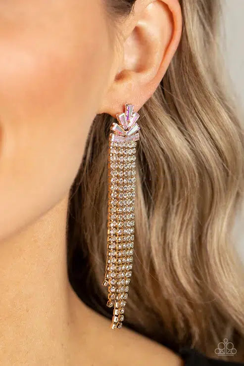 Overnight Sensation Gold &amp; Iridescent Rhinestone Earrings - Paparazzi Accessories-on model - CarasShop.com - $5 Jewelry by Cara Jewels