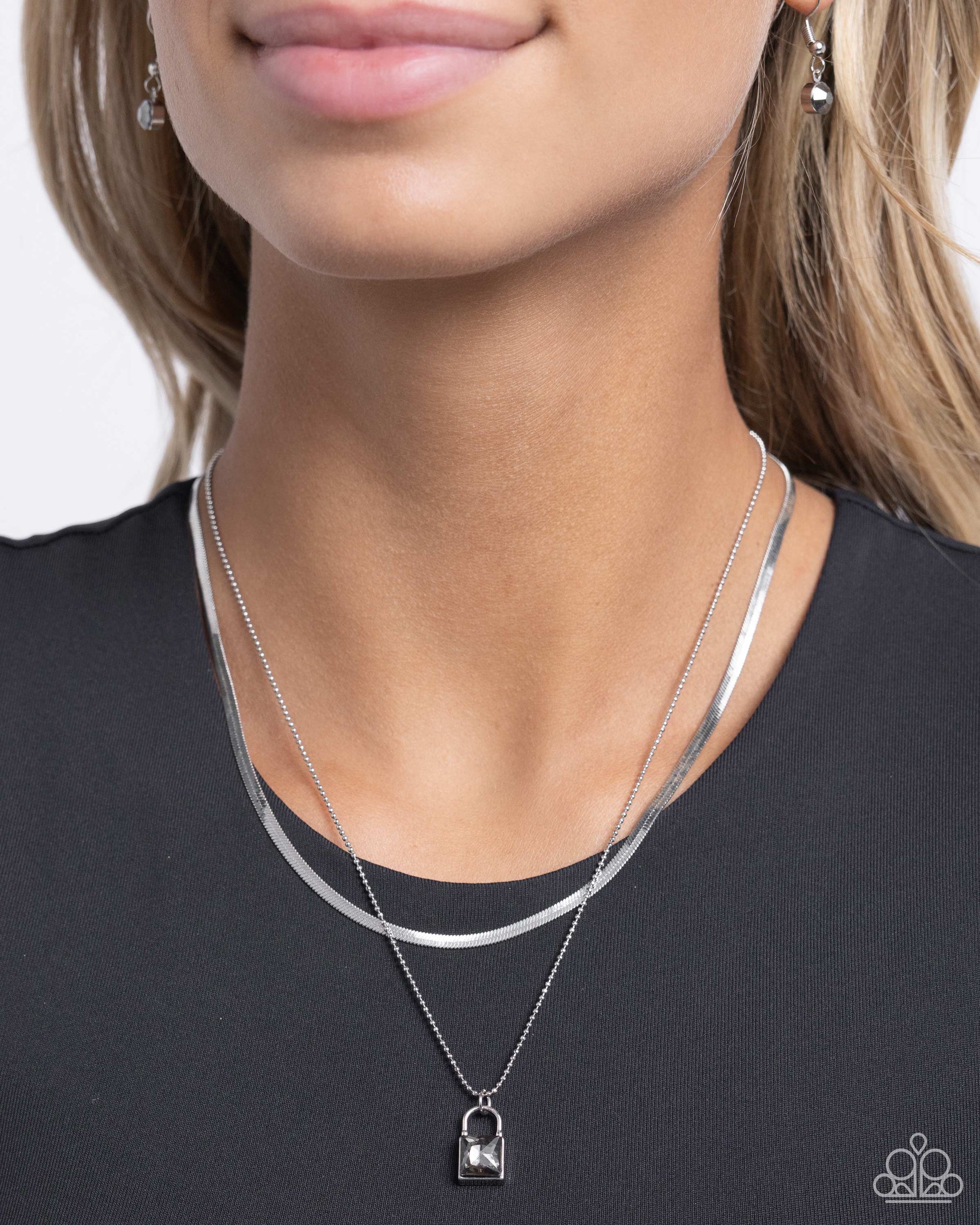 Padlock Possession Silver Rhinestone Necklace - Paparazzi Accessories- lightbox - CarasShop.com - $5 Jewelry by Cara Jewels