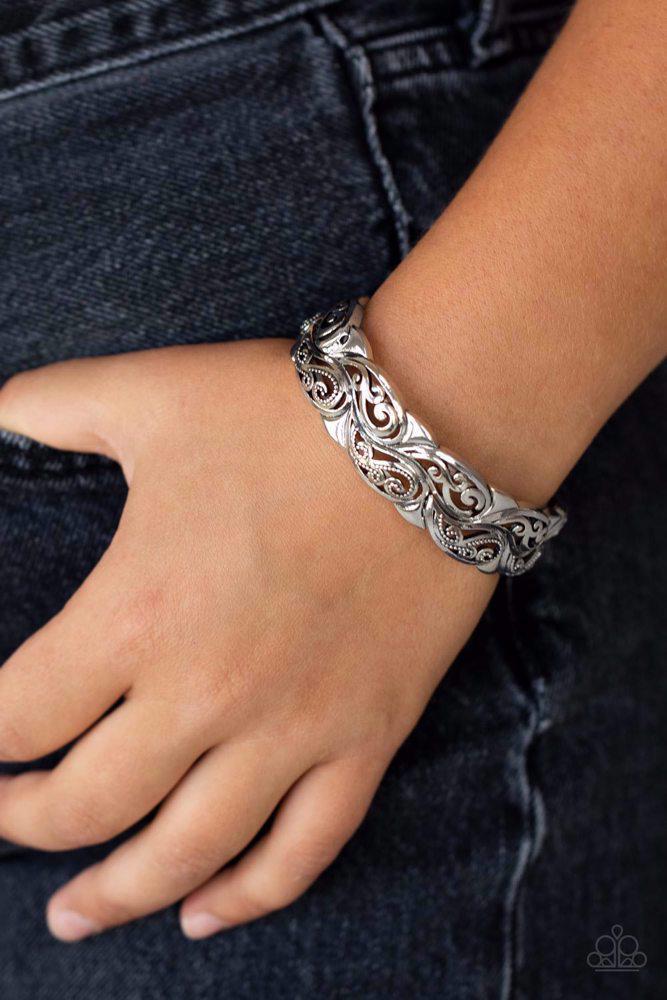 Paisley Portico Silver Bracelet - Paparazzi Accessories- on model - CarasShop.com - $5 Jewelry by Cara Jewels