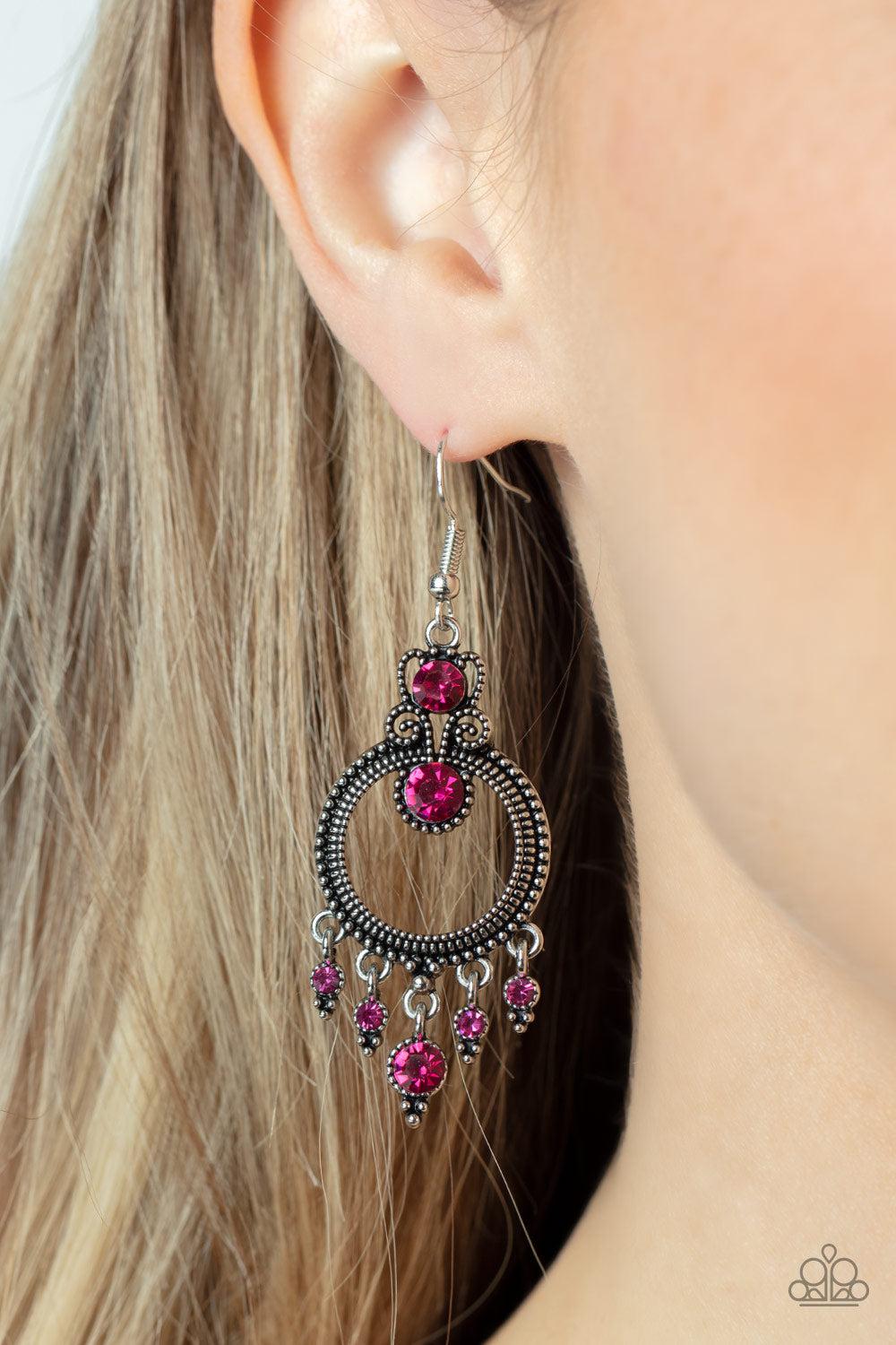 Palace Politics Pink Rhinestone Earrings - Paparazzi Accessories-on model - CarasShop.com - $5 Jewelry by Cara Jewels
