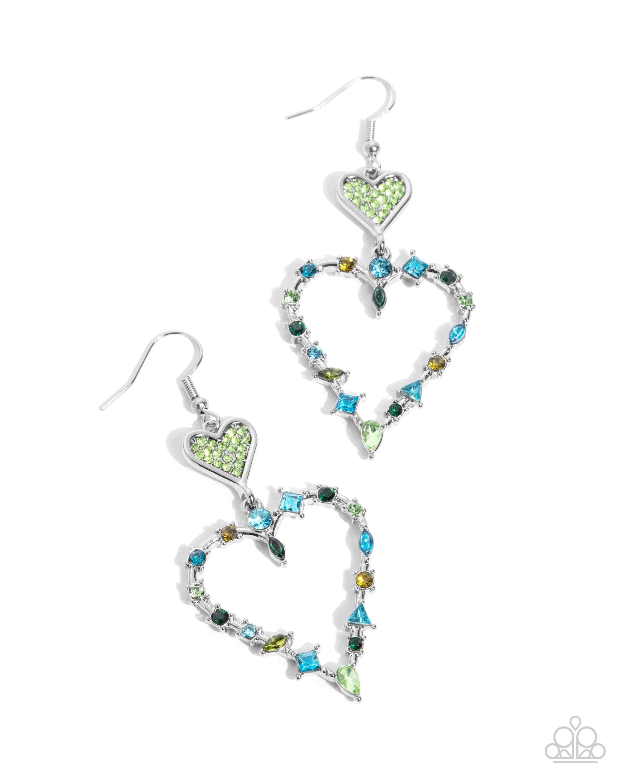 Parallel Passion Green Rhinestone Heart Earrings - Paparazzi Accessories- lightbox - CarasShop.com - $5 Jewelry by Cara Jewels