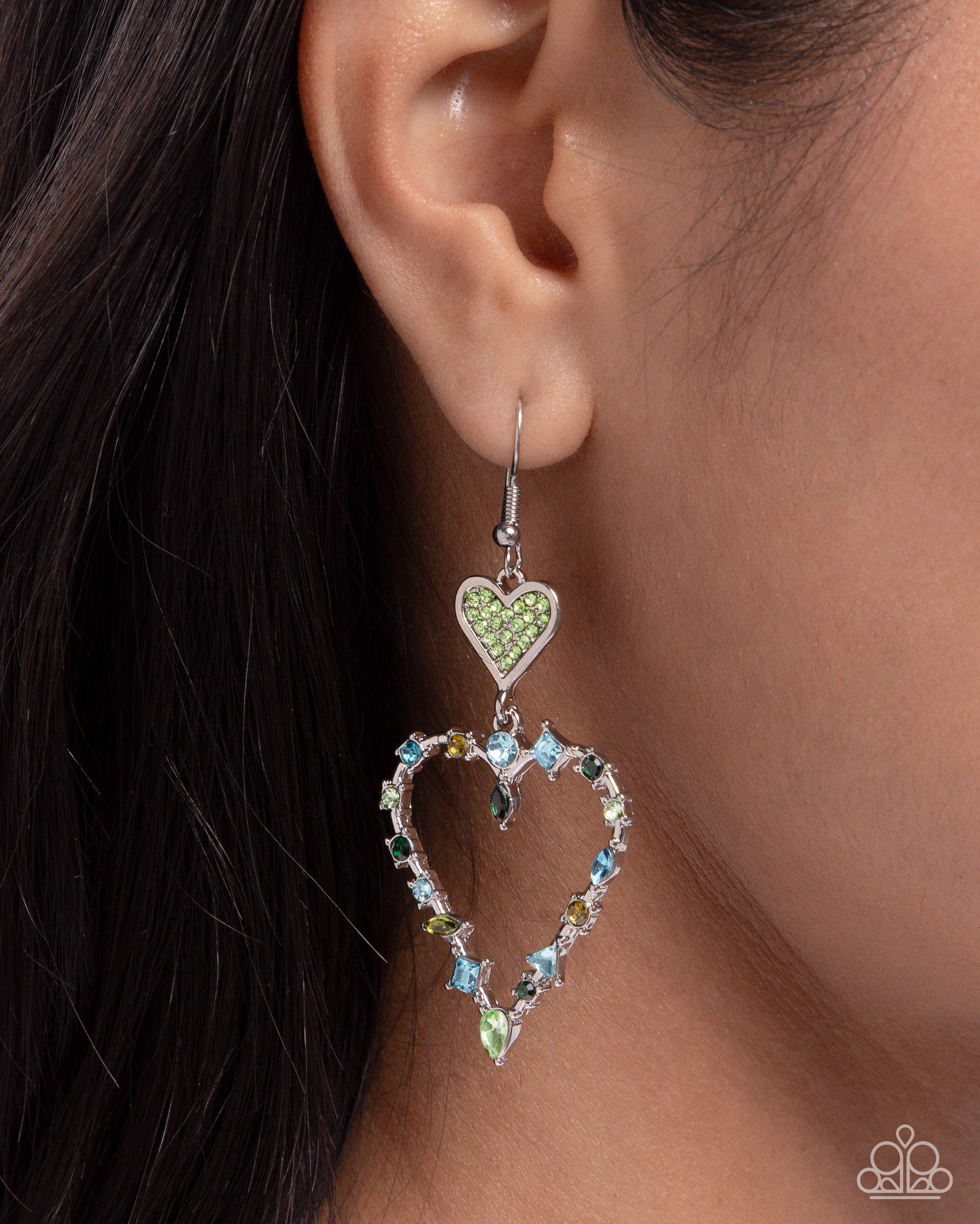 Parallel Passion Green Rhinestone Heart Earrings - Paparazzi Accessories- lightbox - CarasShop.com - $5 Jewelry by Cara Jewels