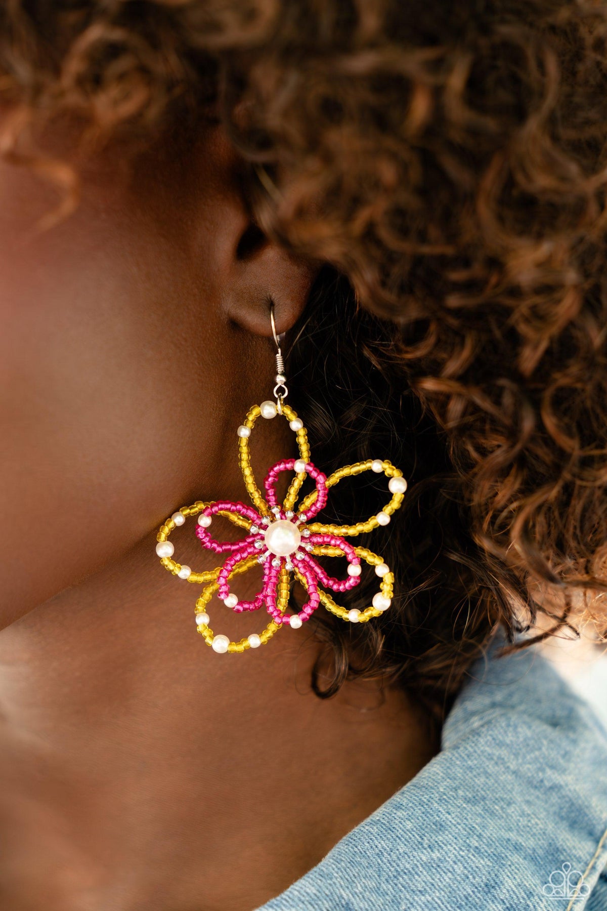 PEARL Crush Yellow &amp; Pink Flower Earrings - Paparazzi Accessories-on model - CarasShop.com - $5 Jewelry by Cara Jewels