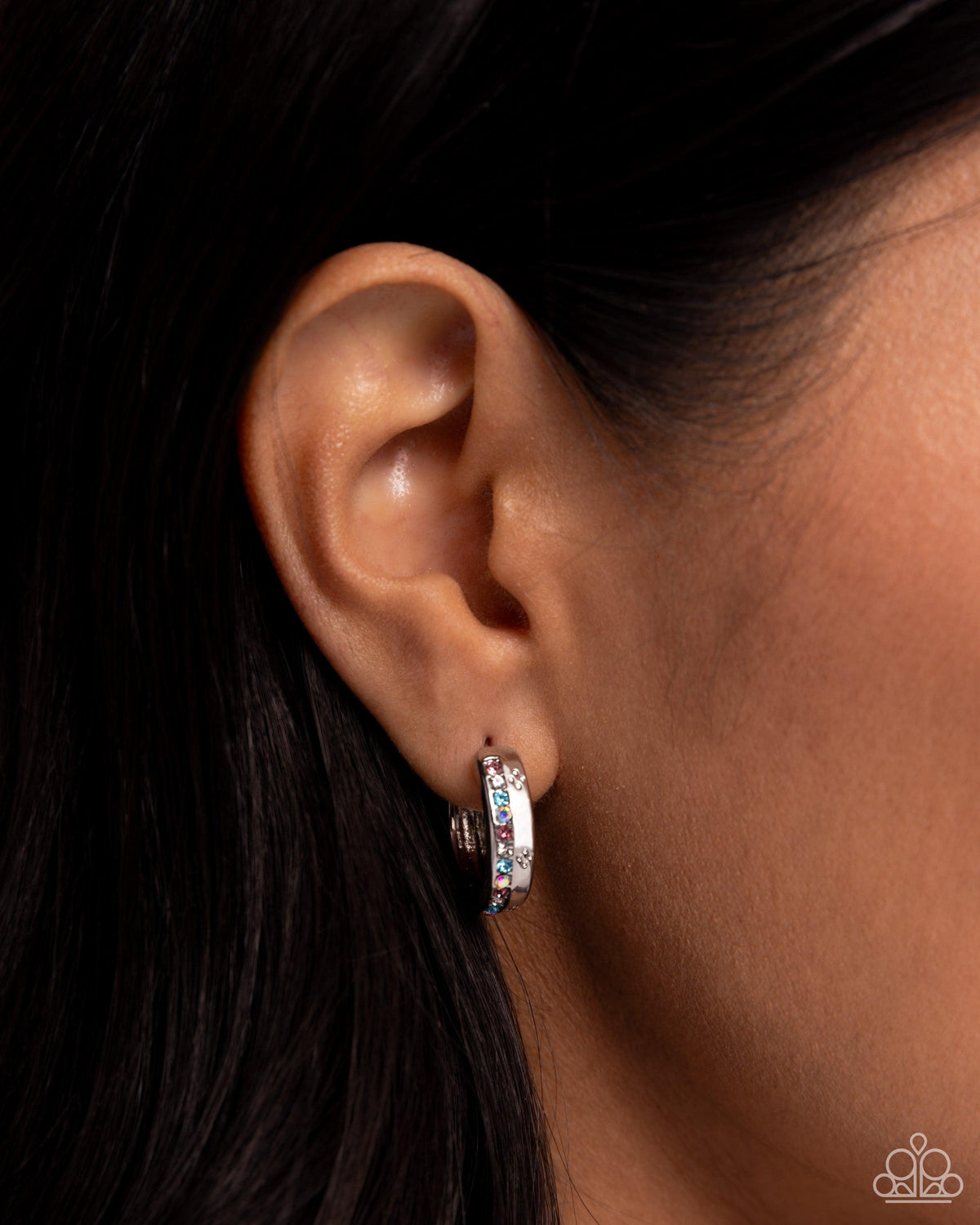 Perceptive Polish Multi Rhinestone Hoop Earrings - Paparazzi Accessories-on model - CarasShop.com - $5 Jewelry by Cara Jewels