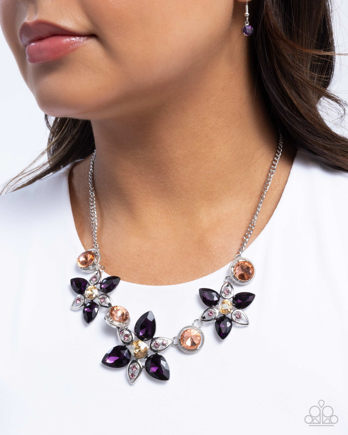 Perennial Promise Purple &amp; Peach Rhinestone Flower Necklace - Paparazzi Accessories-on model - CarasShop.com - $5 Jewelry by Cara Jewels