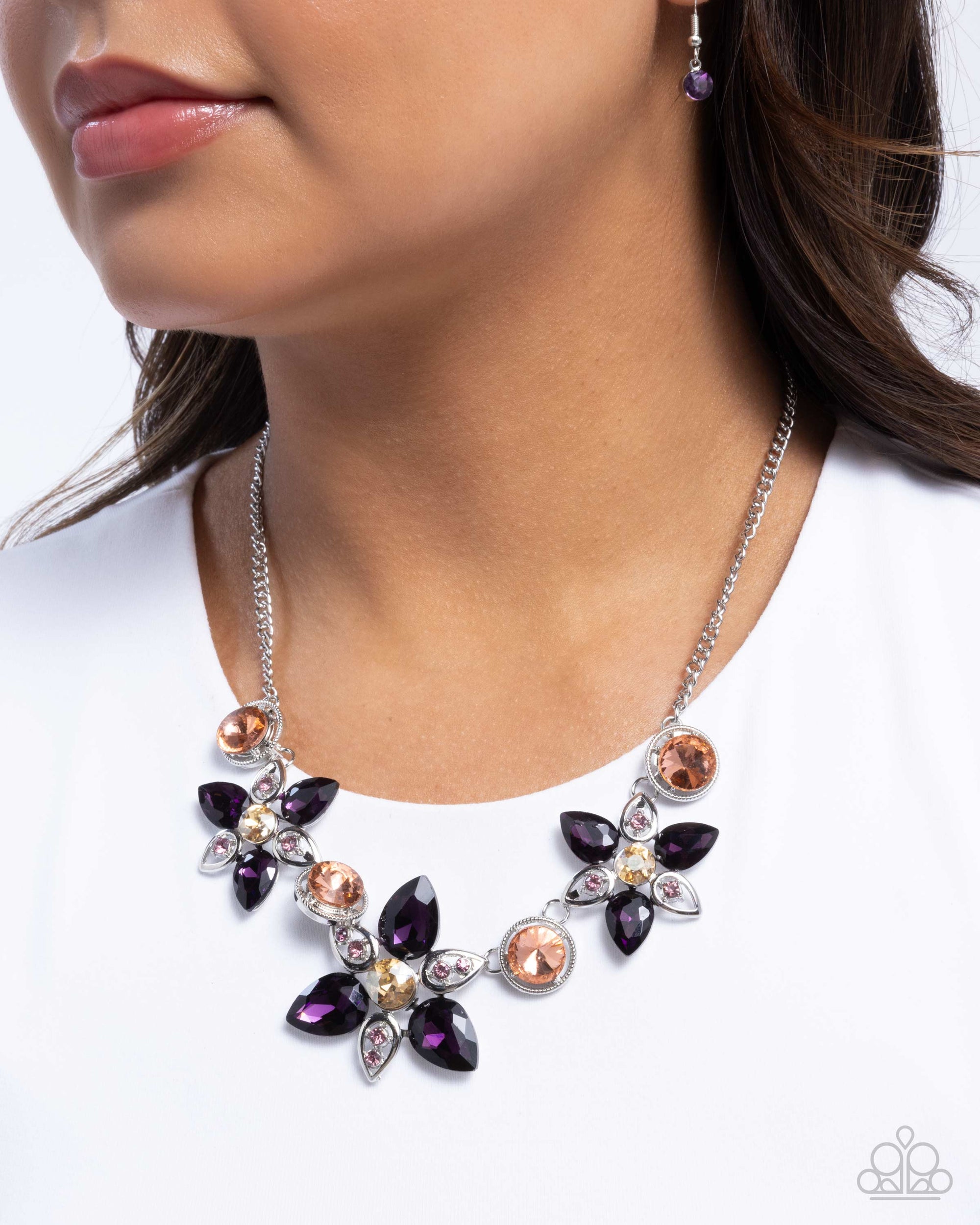 Perennial Promise Purple & Peach Rhinestone Flower Necklace - Paparazzi Accessories- lightbox - CarasShop.com - $5 Jewelry by Cara Jewels