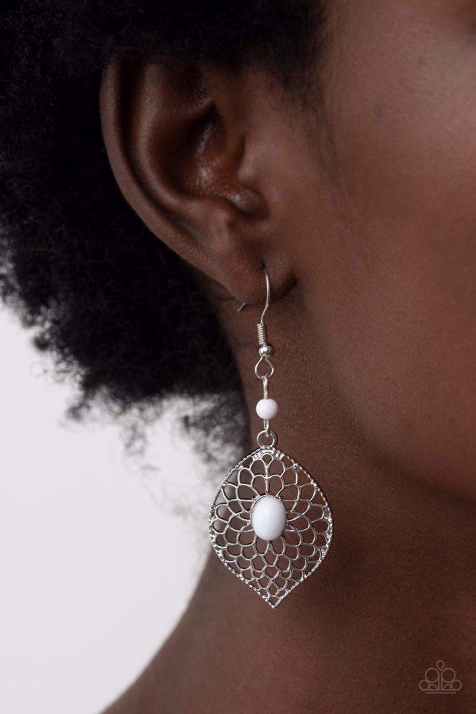 Perky Perennial White Earrings - Paparazzi Accessories-on model - CarasShop.com - $5 Jewelry by Cara Jewels