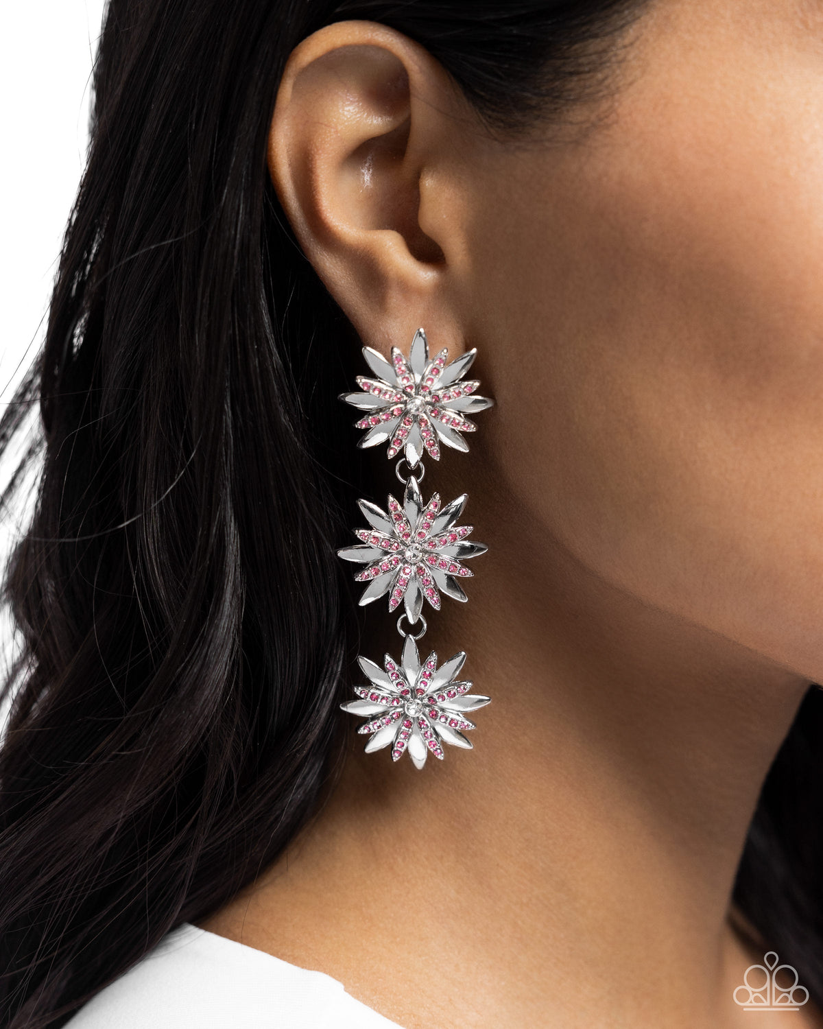Petaled Princess Pink Rhinestone Floral Earrings - Paparazzi Accessories-on model - CarasShop.com - $5 Jewelry by Cara Jewels