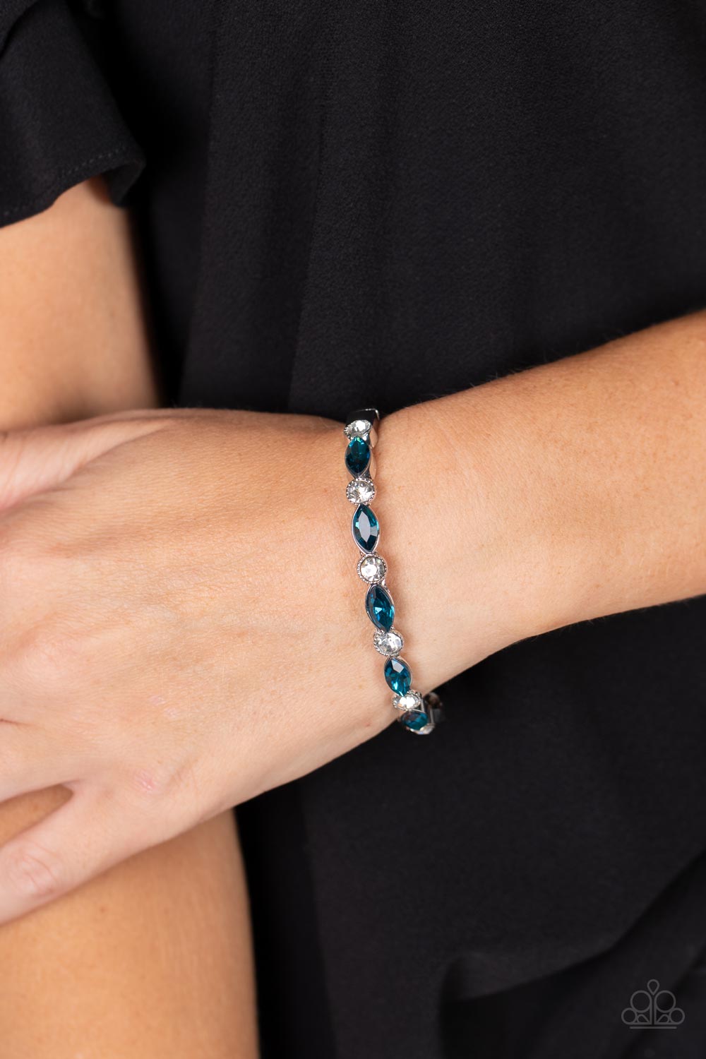 Petitely Powerhouse Blue Rhinestone Bracelet - Paparazzi Accessories-on model - CarasShop.com - $5 Jewelry by Cara Jewels