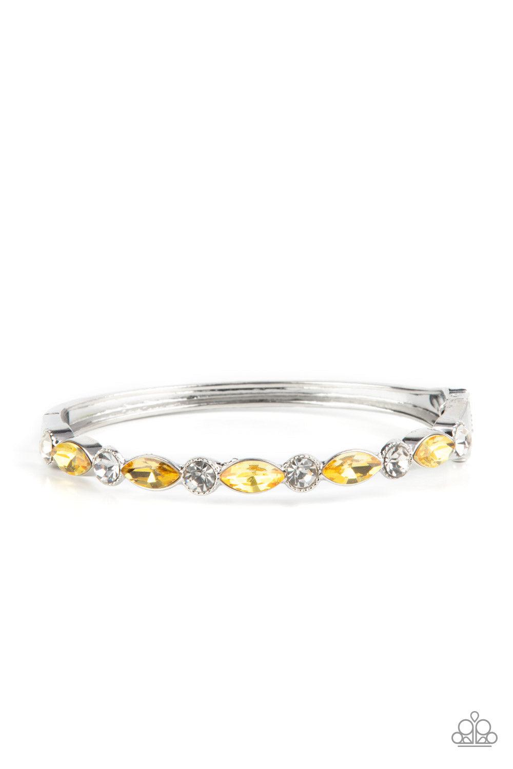 Petitely Powerhouse Yellow & White Rhinestone Bracelet - Paparazzi Accessories- lightbox - CarasShop.com - $5 Jewelry by Cara Jewels