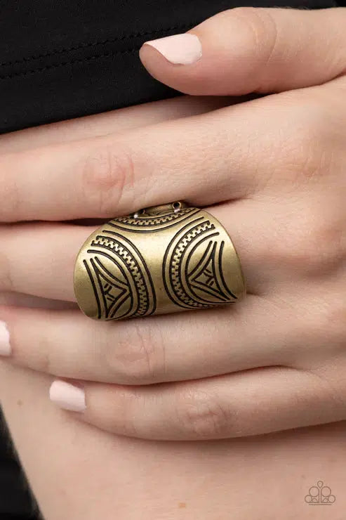 Pharaoh Party Brass Ring - Paparazzi Accessories- on model - CarasShop.com - $5 Jewelry by Cara Jewels