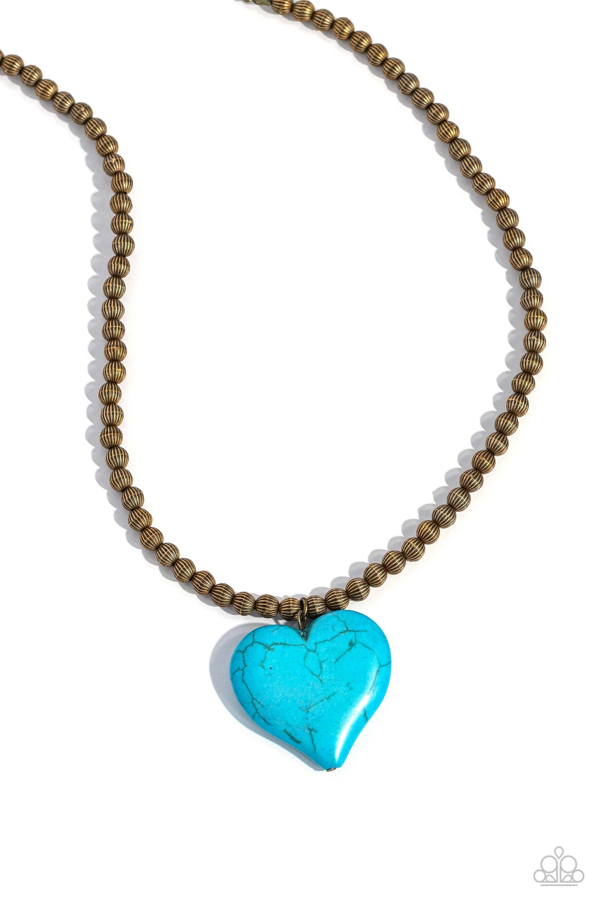 Picturesque Pairing Brass &amp; Turquoise Stone Heart Necklace - Paparazzi Accessories- lightbox - CarasShop.com - $5 Jewelry by Cara Jewels