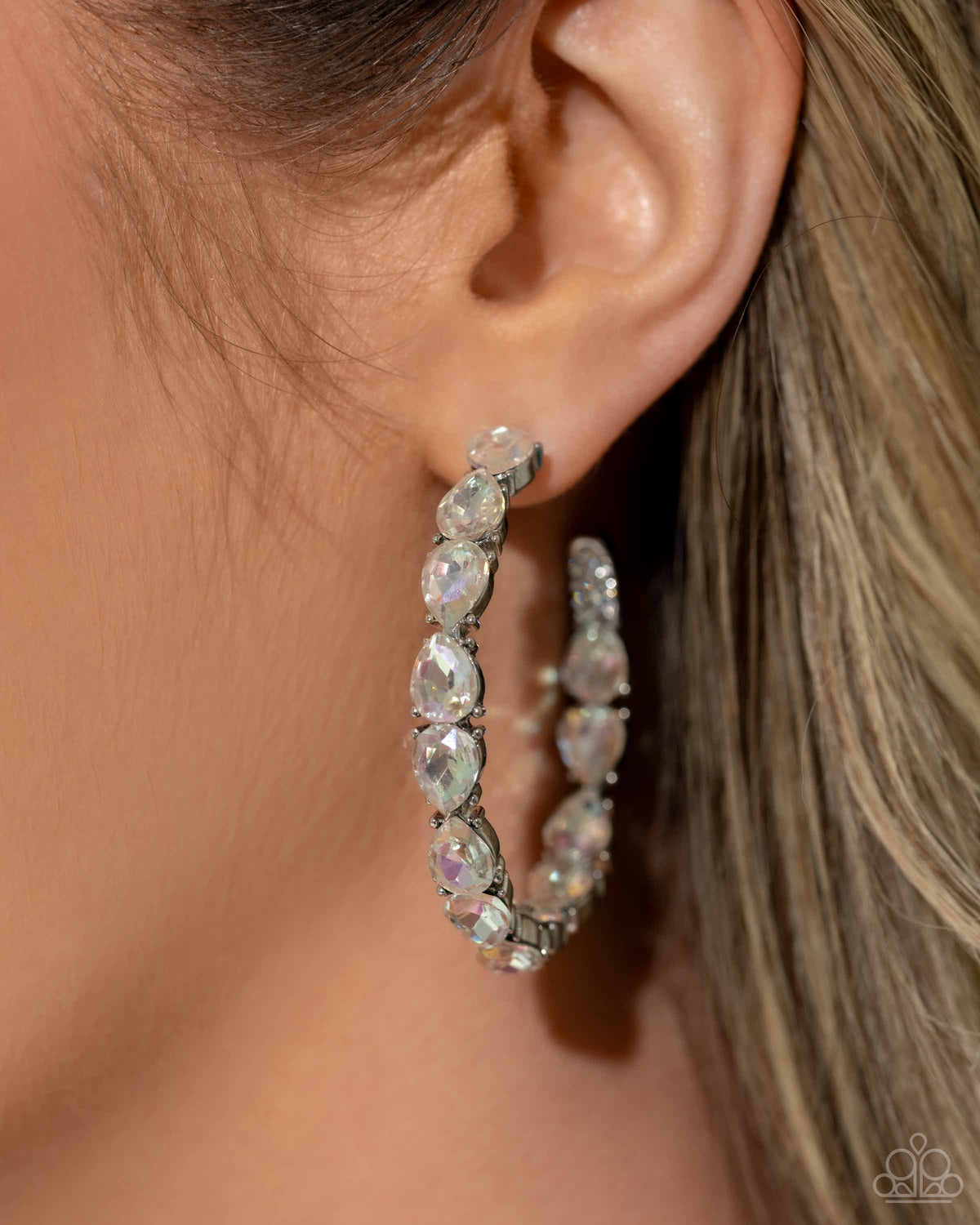 Presidential Pizzazz White Rhinestone Hoop Earrings - Paparazzi Accessories-on model - CarasShop.com - $5 Jewelry by Cara Jewels