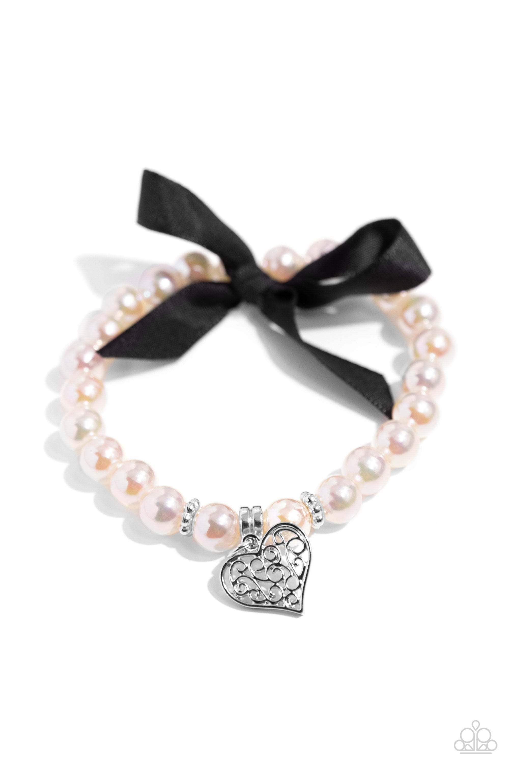 Prim and Pretty Black Bow & Iridescent Pink Pearl Bracelet - Paparazzi Accessories- lightbox - CarasShop.com - $5 Jewelry by Cara Jewels