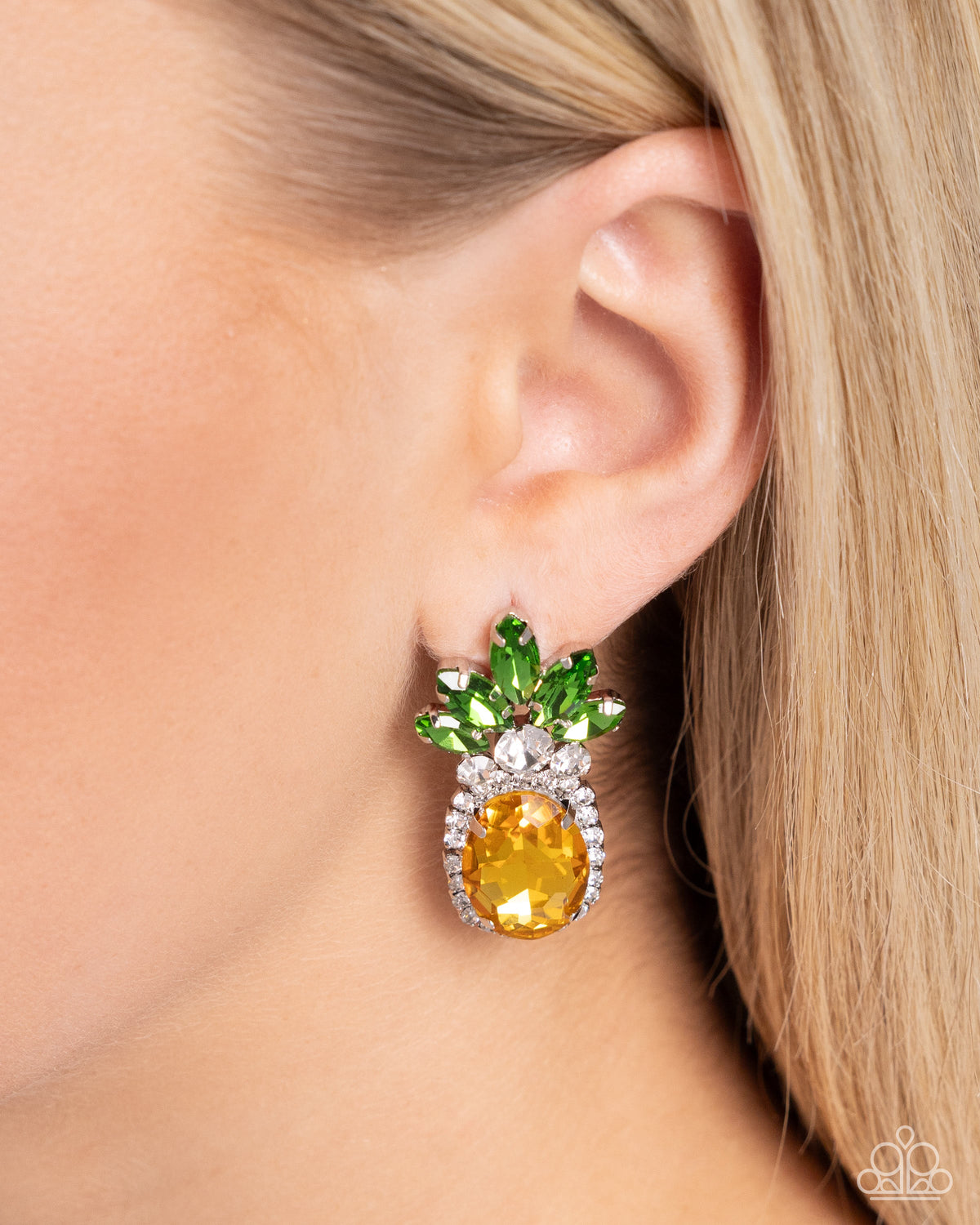 Prismatic Pineapple Yellow Rhinestone Earrings - Paparazzi Accessories-on model - CarasShop.com - $5 Jewelry by Cara Jewels