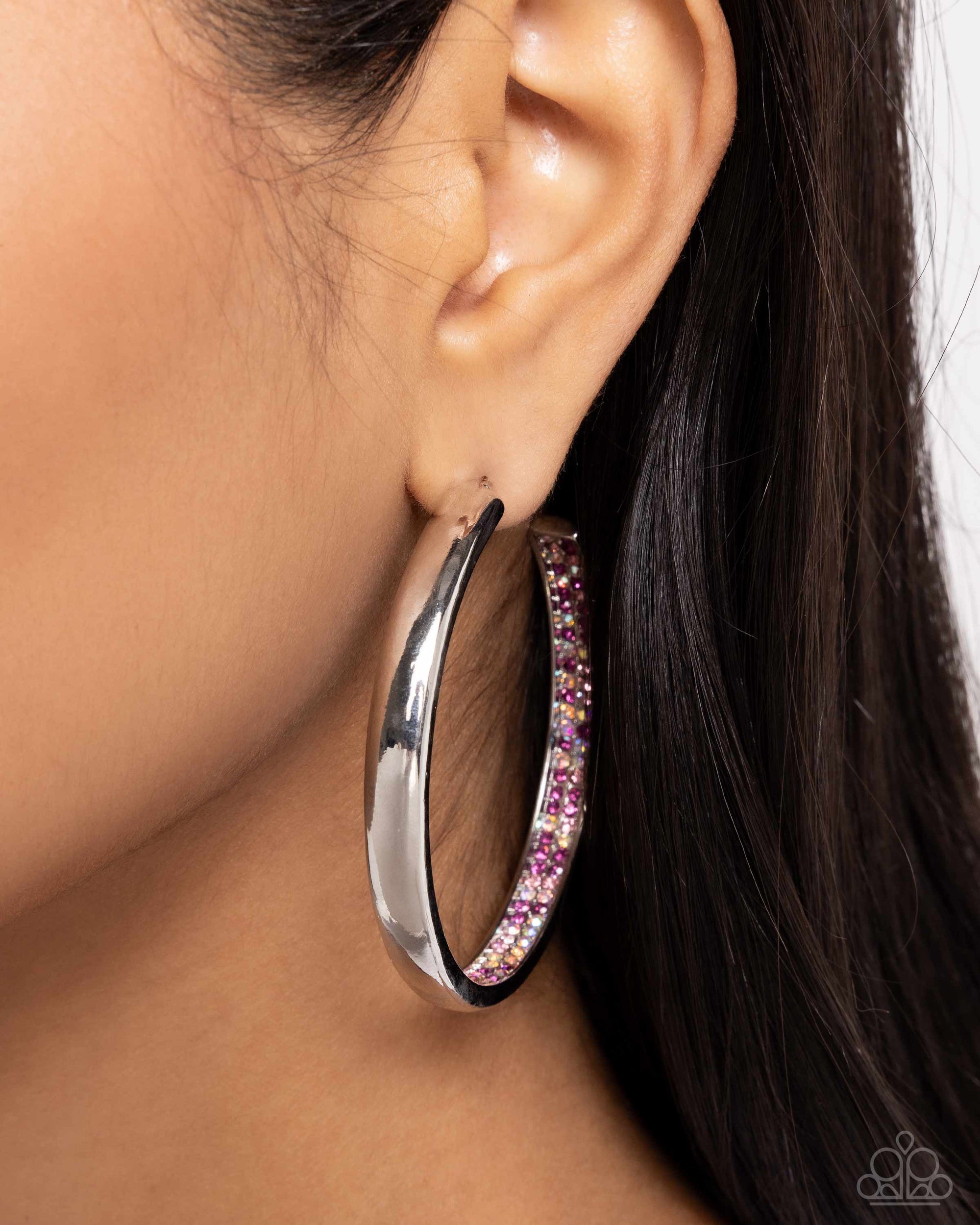 Proper Pizzazz Pink & Silver Hoop Earrings - Paparazzi Accessories- lightbox - CarasShop.com - $5 Jewelry by Cara Jewels