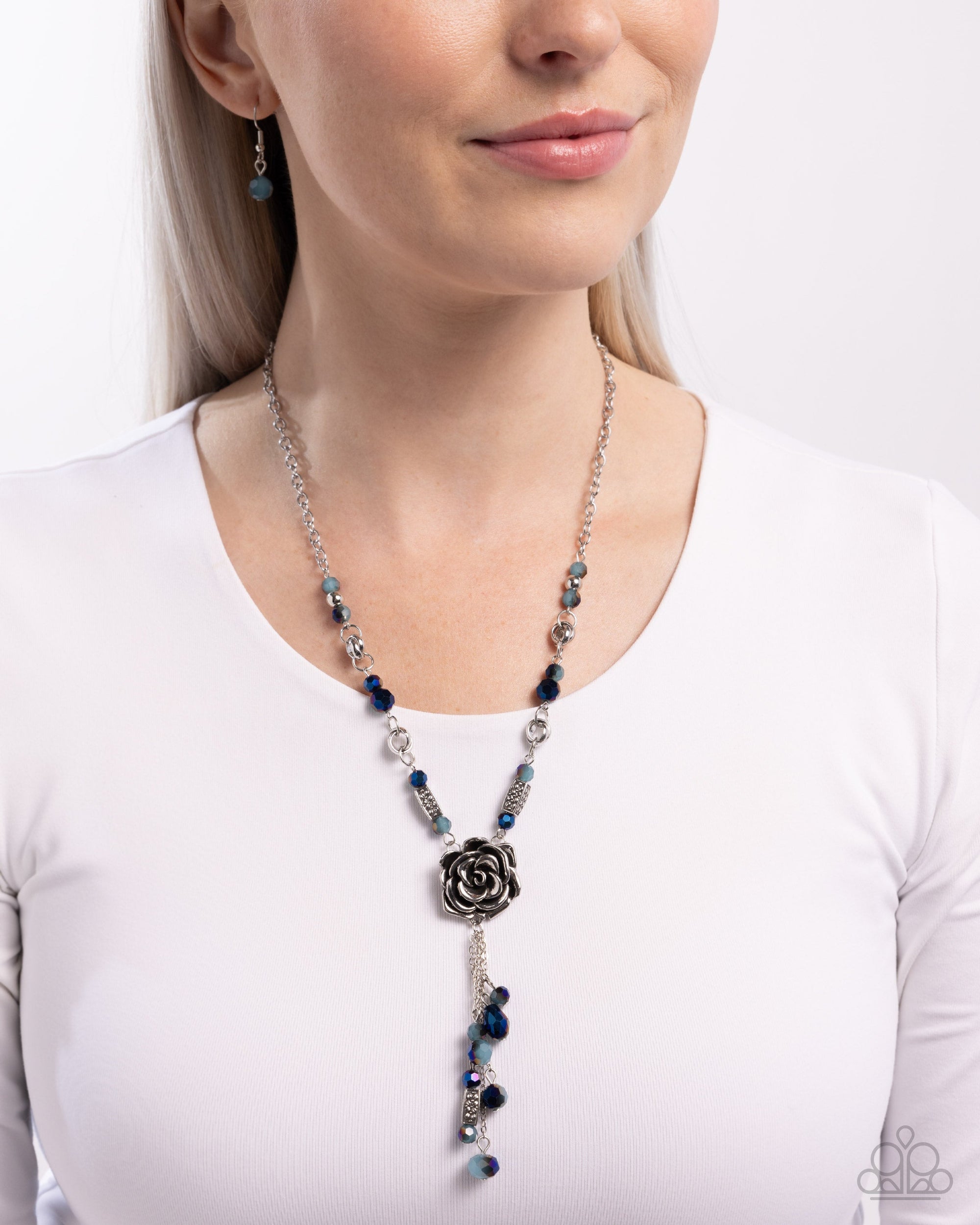 Pruning Promise Blue & Silver Rose Necklace - Paparazzi Accessories- lightbox - CarasShop.com - $5 Jewelry by Cara Jewels