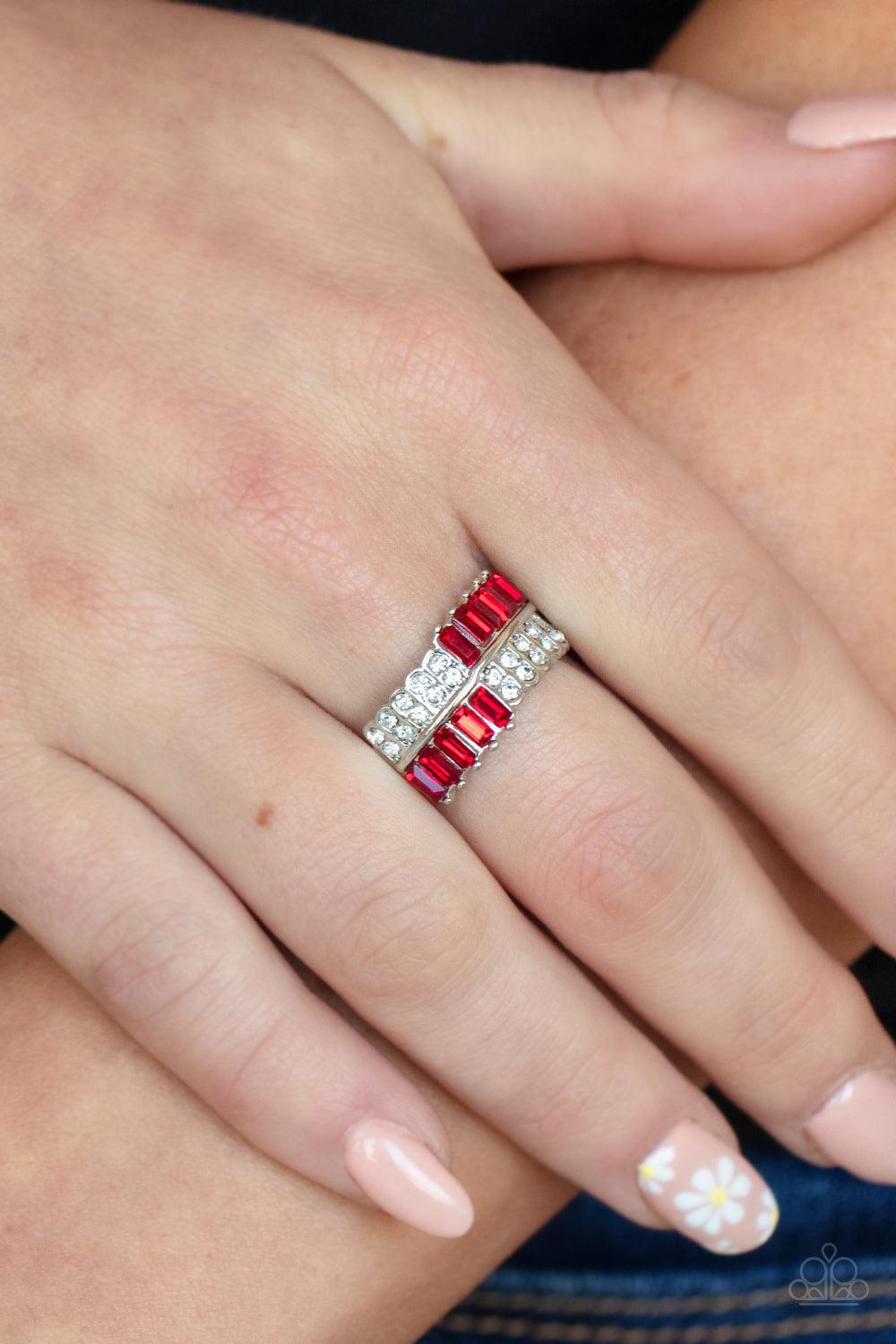 Put Them in Check Red & White Rhinestone Ring - Paparazzi Accessories- lightbox - CarasShop.com - $5 Jewelry by Cara Jewels
