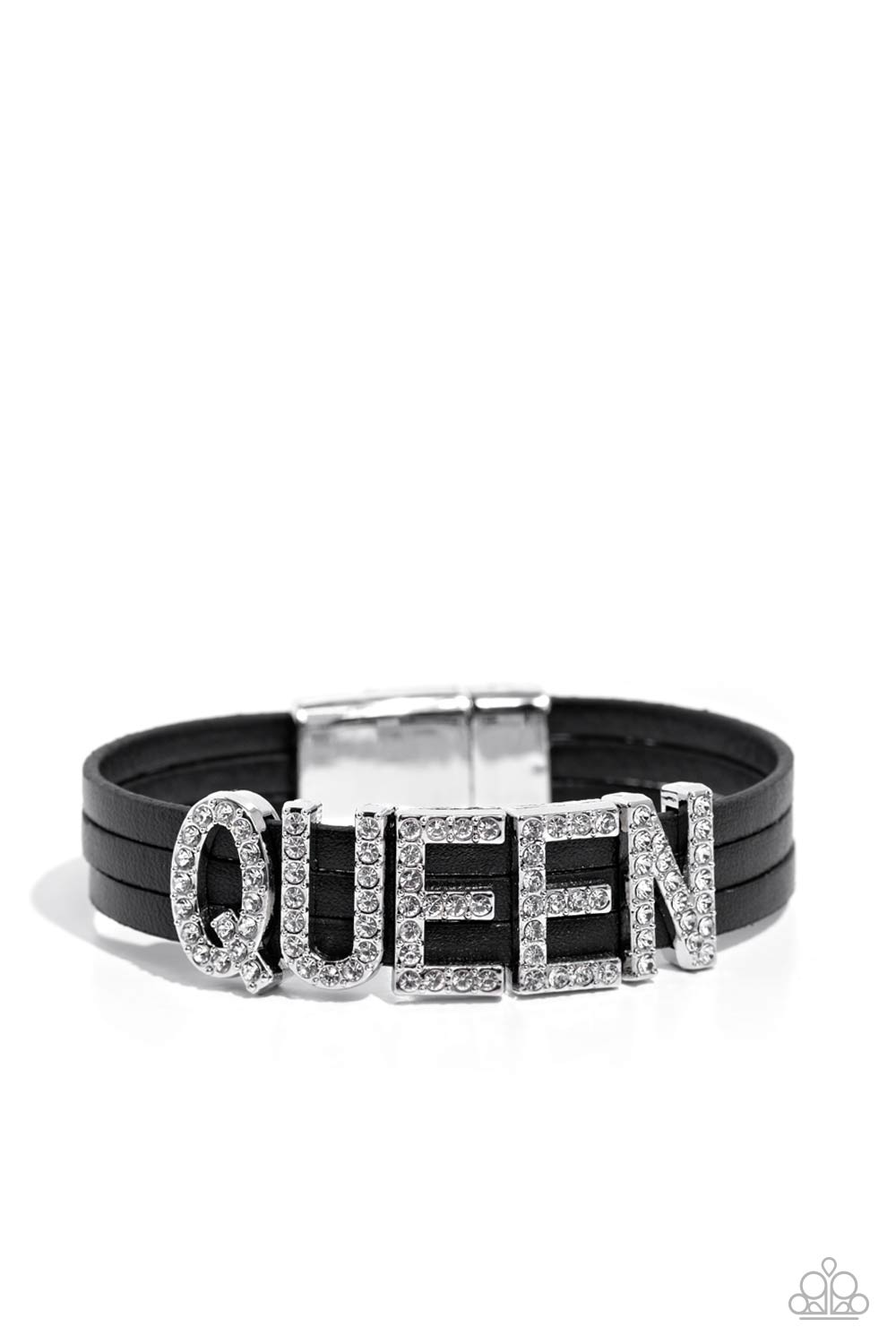 Queen of My Life Black Leather and White Rhinestone Inspirational Bracelet - Paparazzi Accessories- lightbox - CarasShop.com - $5 Jewelry by Cara Jewels