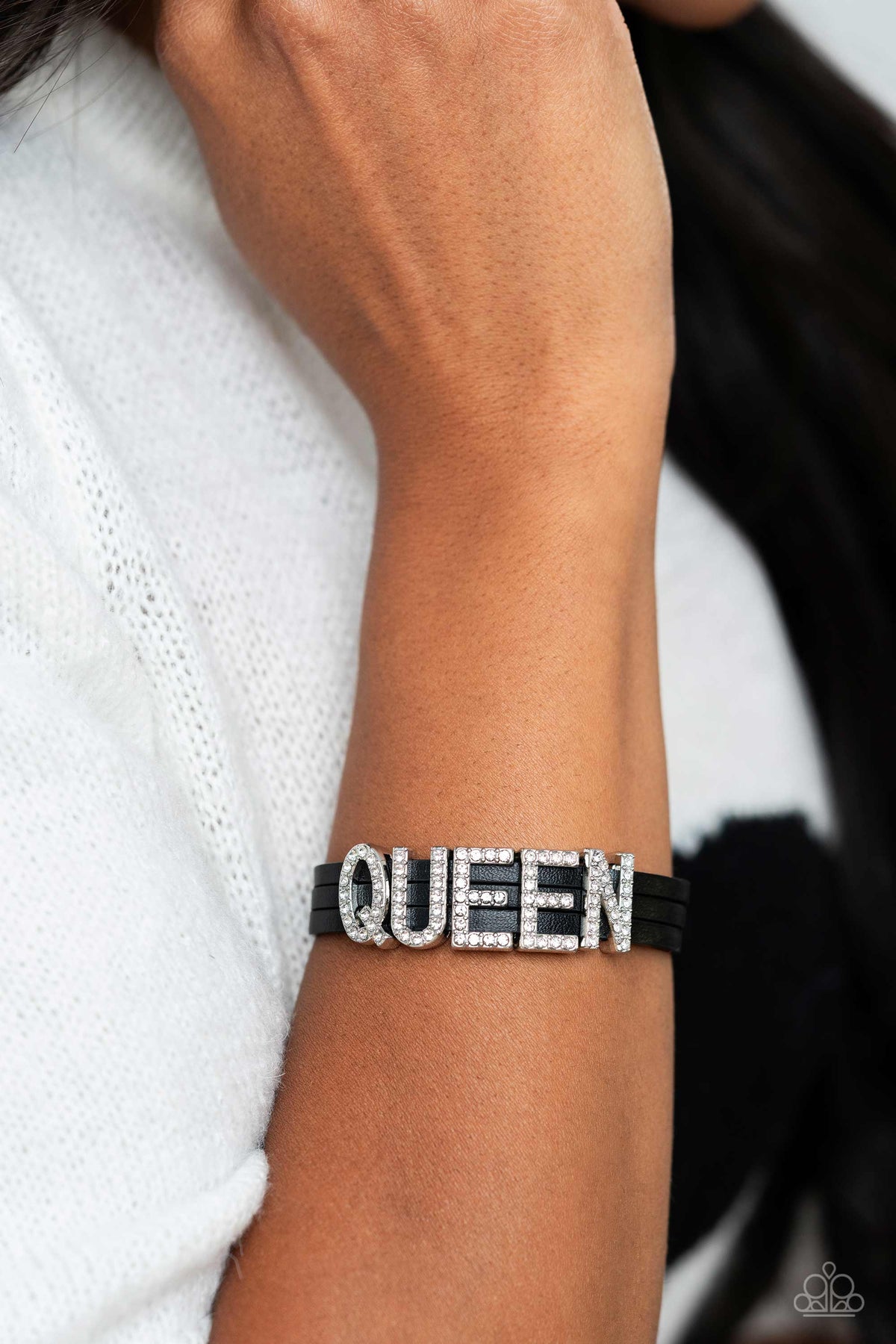 Queen of My Life Black Leather and White Rhinestone Inspirational Bracelet - Paparazzi Accessories-on model - CarasShop.com - $5 Jewelry by Cara Jewels