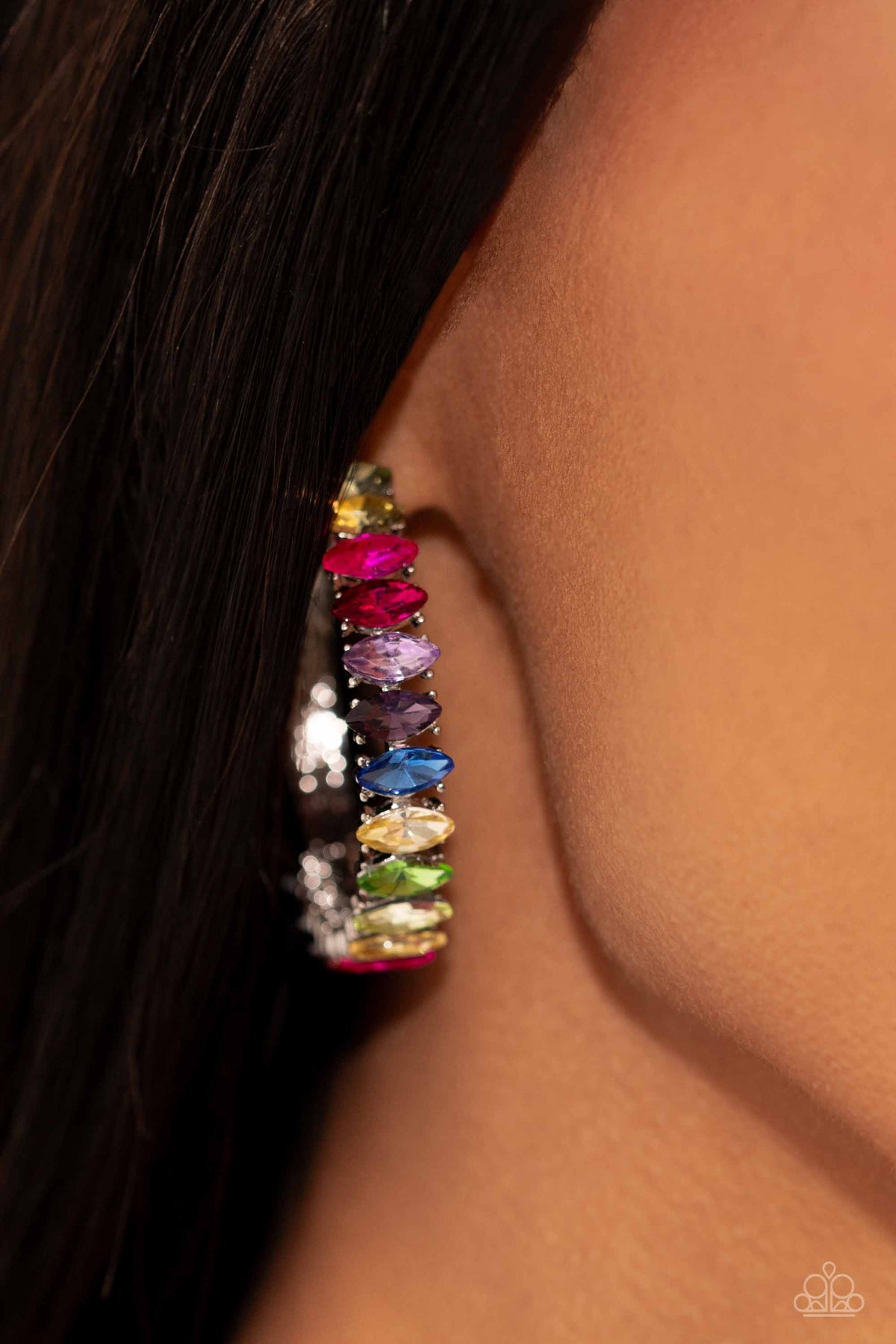 Rainbow Range Multi Rhinestone Hoop Earrings - Paparazzi Accessories-on model - CarasShop.com - $5 Jewelry by Cara Jewels